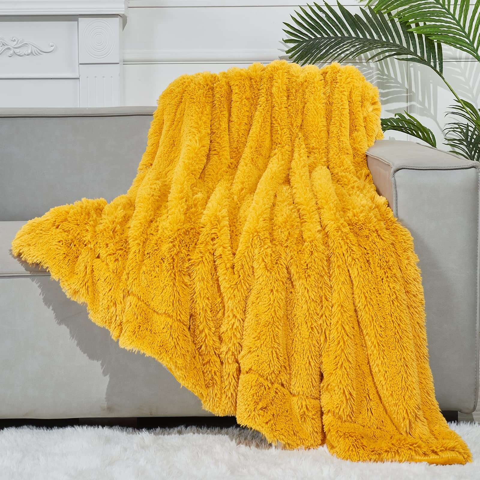 Gonaap Fuzzy Faux Fur Throw Blanket Mustard Yellow Super Soft Cozy Plush Fuzzy Shaggy Blanket For Couch Sofa Bed (Mustard Yellow  Throw(50"&quotX60""))
