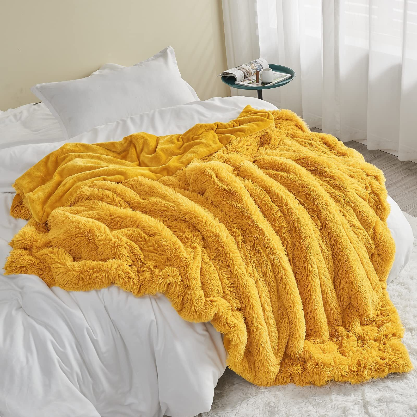 Gonaap Fuzzy Faux Fur Throw Blanket Mustard Yellow Super Soft Cozy Plush Fuzzy Shaggy Blanket For Couch Sofa Bed (Mustard Yellow  Throw(50"&quotX60""))