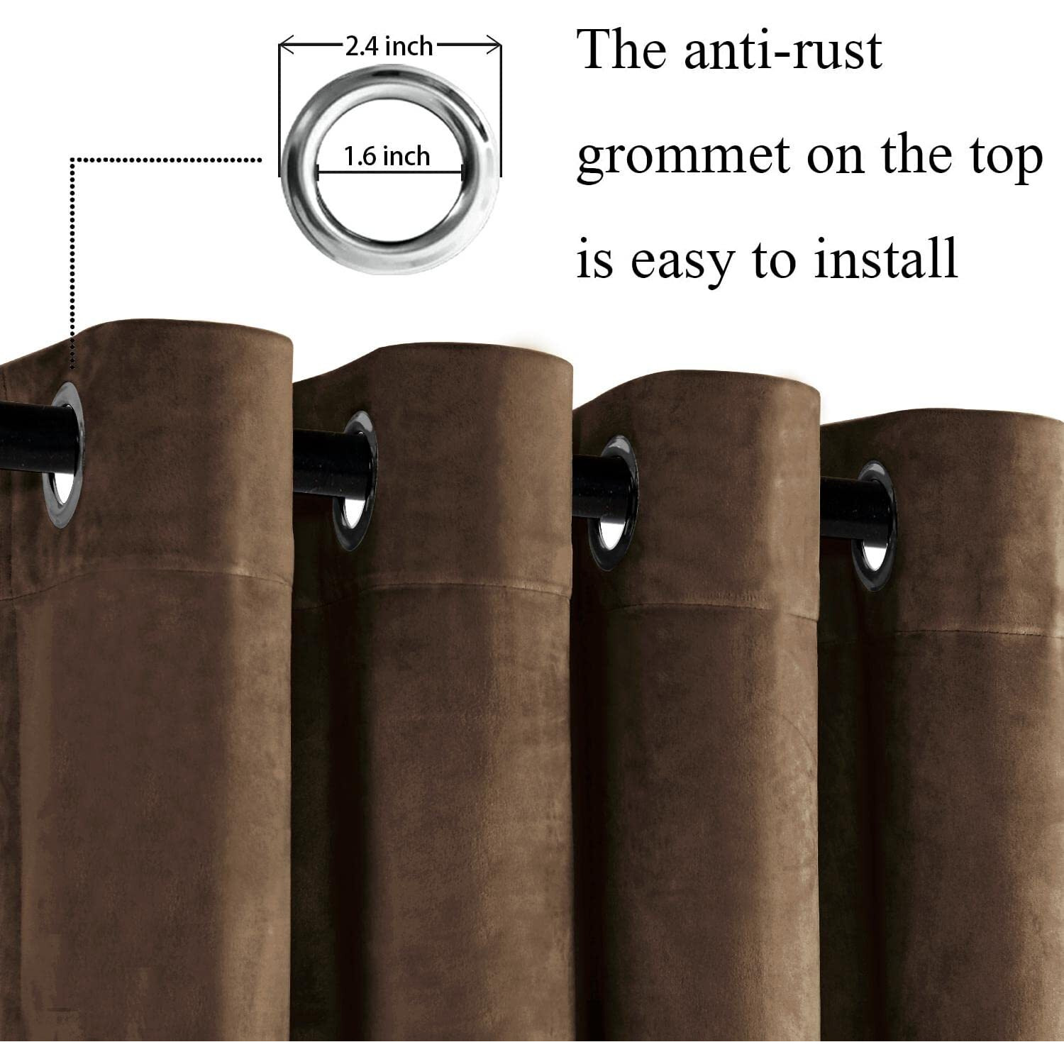 Jiuzhen Velvet Curtains 108 Inch Long-Soft Retro Velvet Blackout Thermal Insulated & Noise Reducing Grommet Curtains For Living Room/Hotel Hall  52W X 108L  2 Panels With Tiebacks Brown