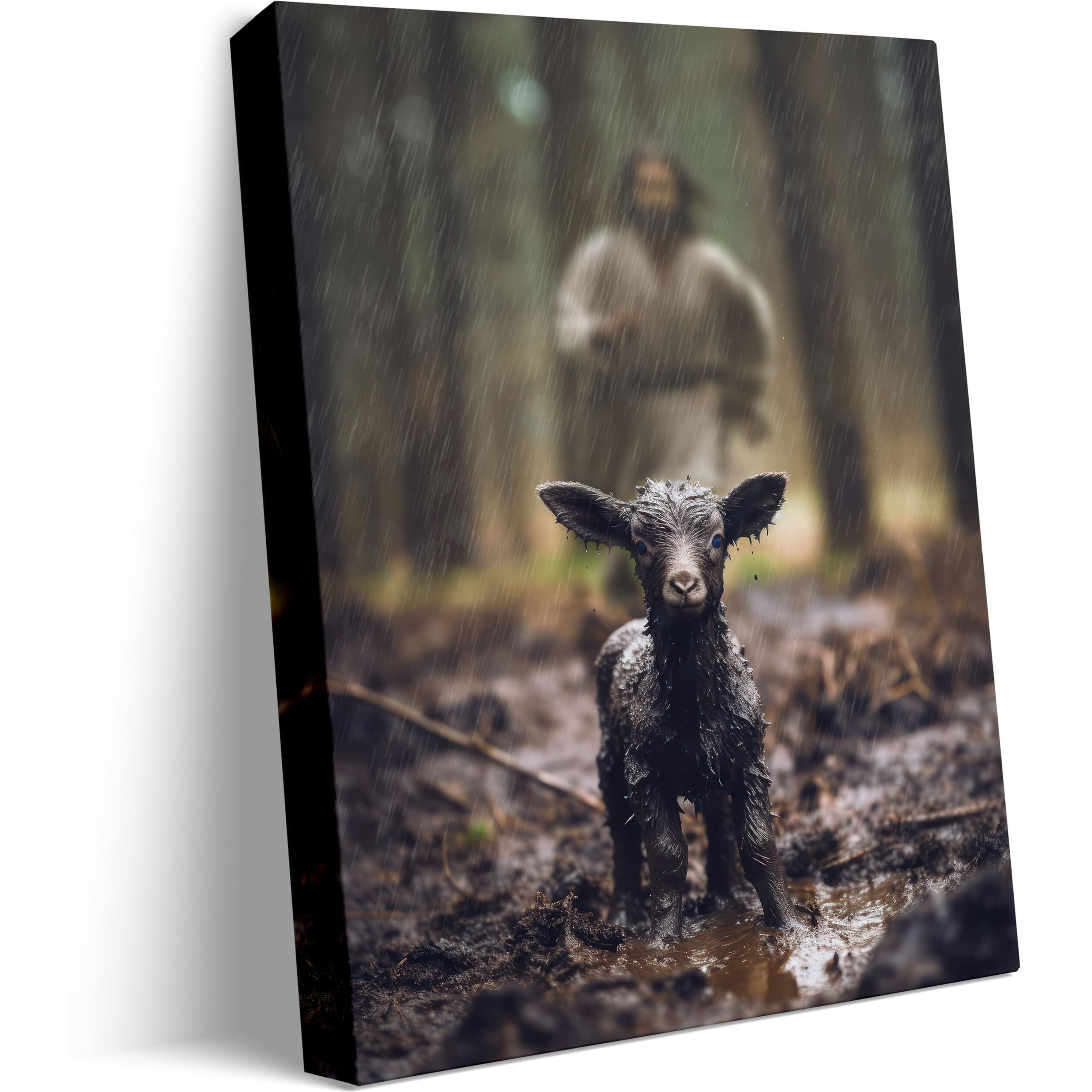 Jesus And Lamb Canvas Wall Art Black Sheep Lost Picture Wall Art Canvas Print Christian Home Decor 12X16 Inch
