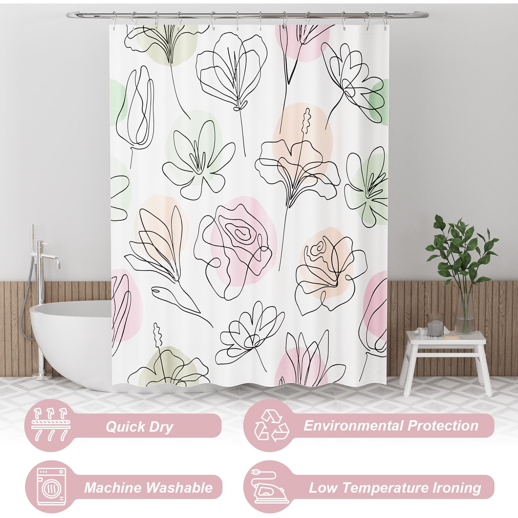 Amazerbath Floral Shower Curtain  72"&quotX72"" Washable Cloth Spring Black Ink Blooms Shower Curtain With 12 Metal Hooks  Farmhouse Fabric Rustic Colorful Flower Shower Curtain Set For Bathroom Decor