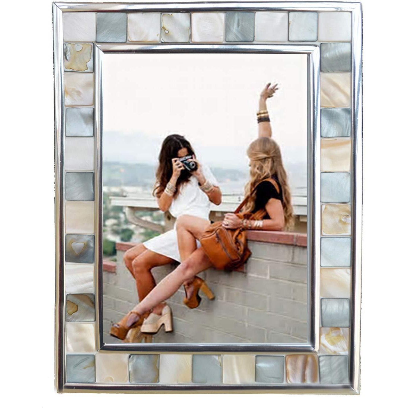 Giftme 5 Silver Plate Grey Picture Frame 6X8 Mother Of Pearl Wall Frame 6By8 Wedding Photo Frame Mosaic Glass Tabletop Picture Frame (Grey+ White 1Pc)