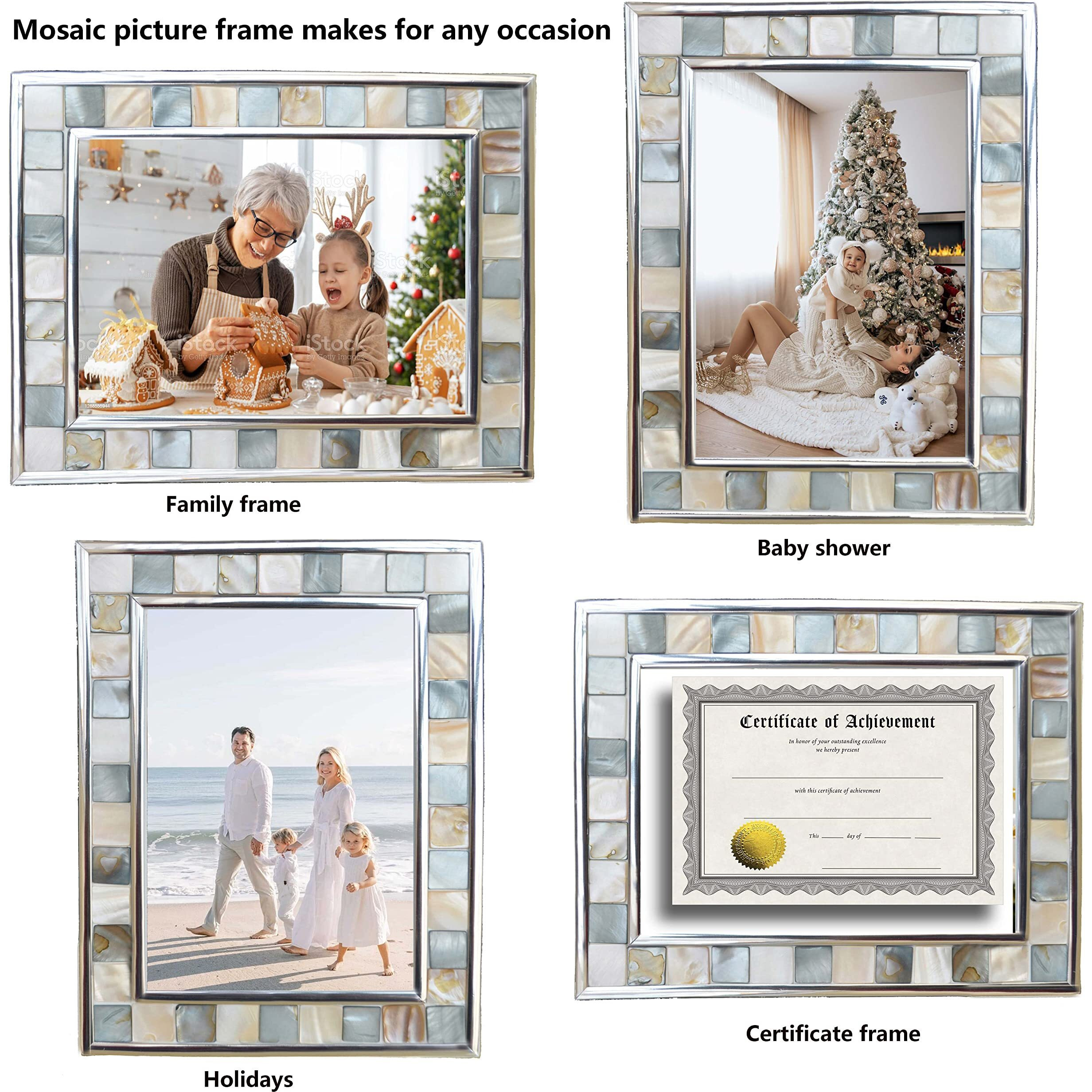 Giftme 5 Silver Plate Grey Picture Frame 6X8 Mother Of Pearl Wall Frame 6By8 Wedding Photo Frame Mosaic Glass Tabletop Picture Frame (Grey+ White 1Pc)