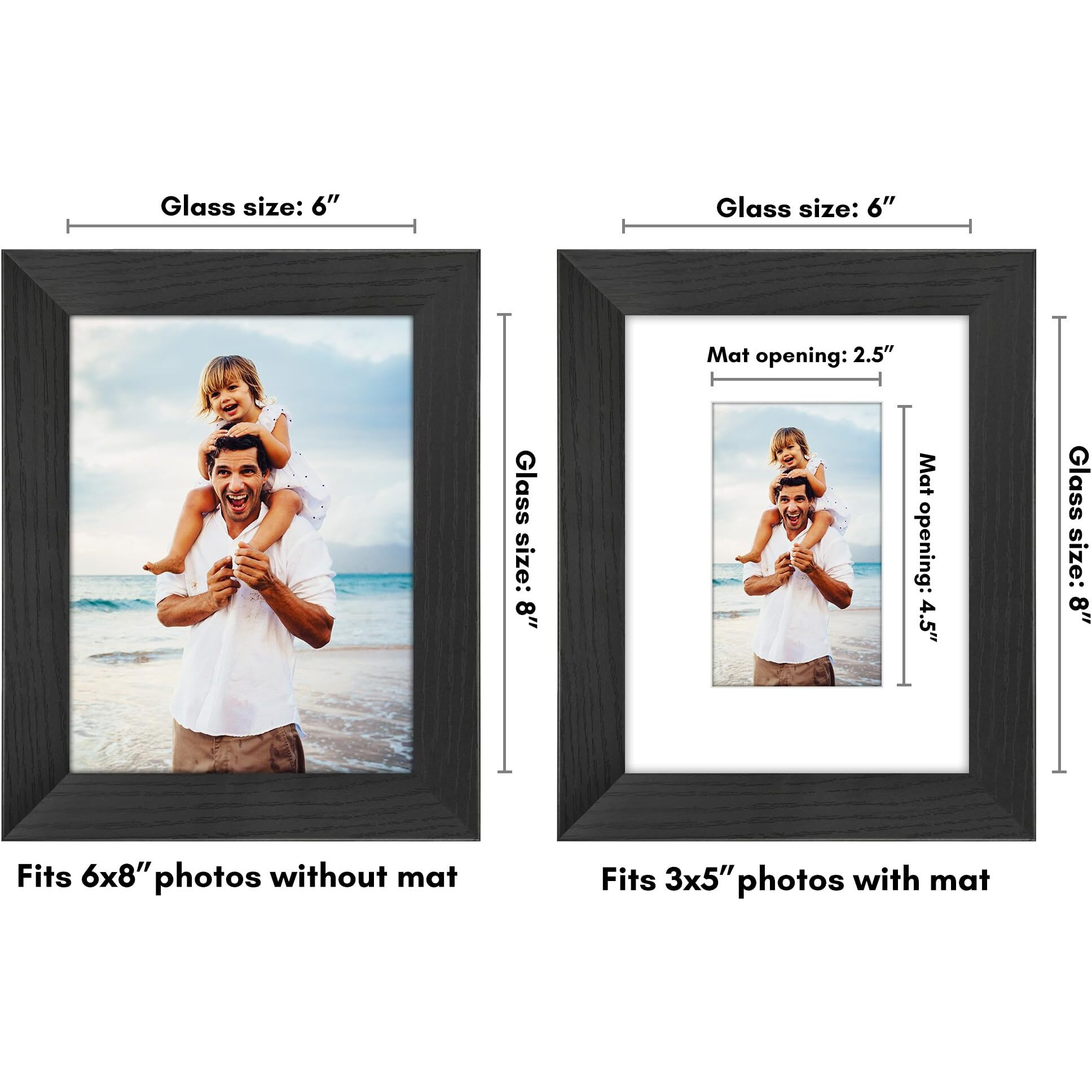 Americanflat 6X8 Picture Frame With Shatter-Resistant Glass - Use As 3X5 Frame With Mat Or 6X8 Frame Without Mat - Hudson Collection - Wide Photo Frame For Tabletop And Wall Display - Black