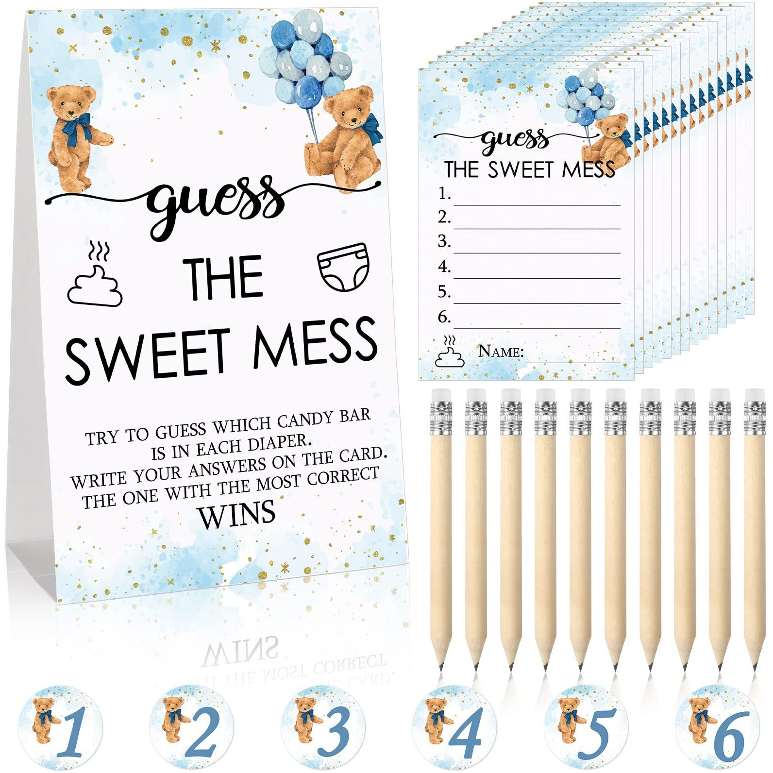 67 Pcs Guess The Sweet Mess Baby Shower Game Dirty Diaper Game Including Guess The Sweet Mess Sign 50 Small Cards 10 Pencils And 6 Number Stickers For Baby Shower Gender Reveal Party (Bear)