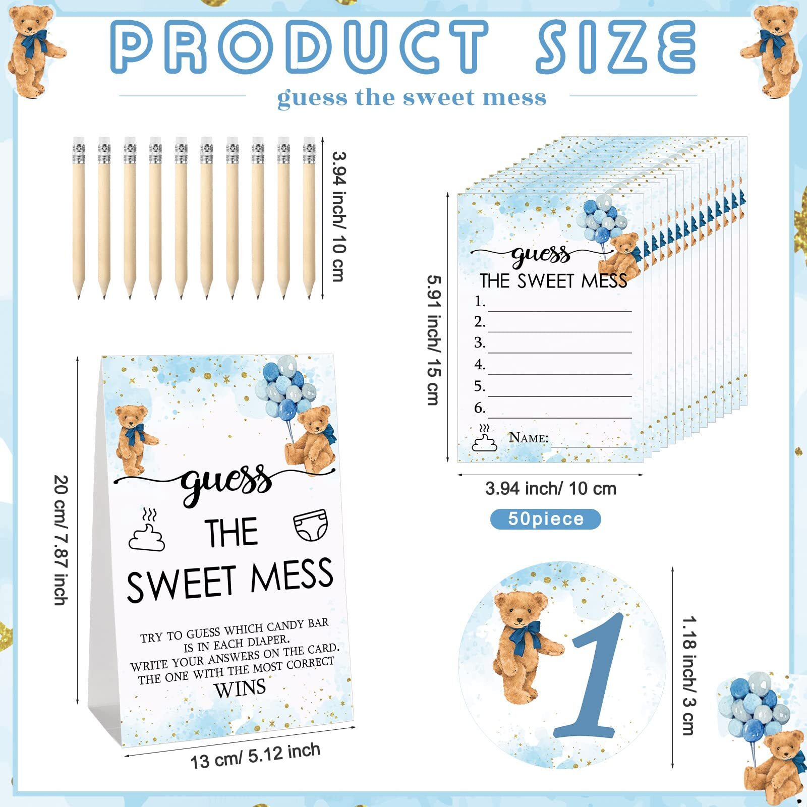 67 Pcs Guess The Sweet Mess Baby Shower Game Dirty Diaper Game Including Guess The Sweet Mess Sign 50 Small Cards 10 Pencils And 6 Number Stickers For Baby Shower Gender Reveal Party (Bear)