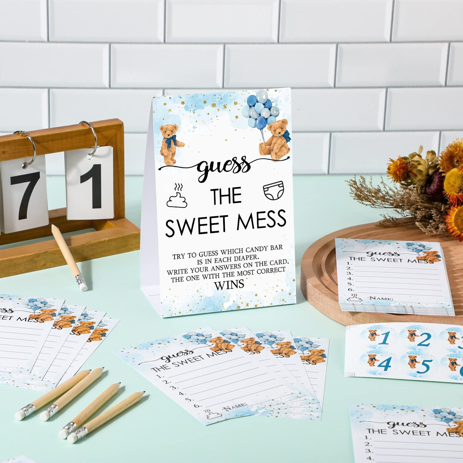 67 Pcs Guess The Sweet Mess Baby Shower Game Dirty Diaper Game Including Guess The Sweet Mess Sign 50 Small Cards 10 Pencils And 6 Number Stickers For Baby Shower Gender Reveal Party (Bear)