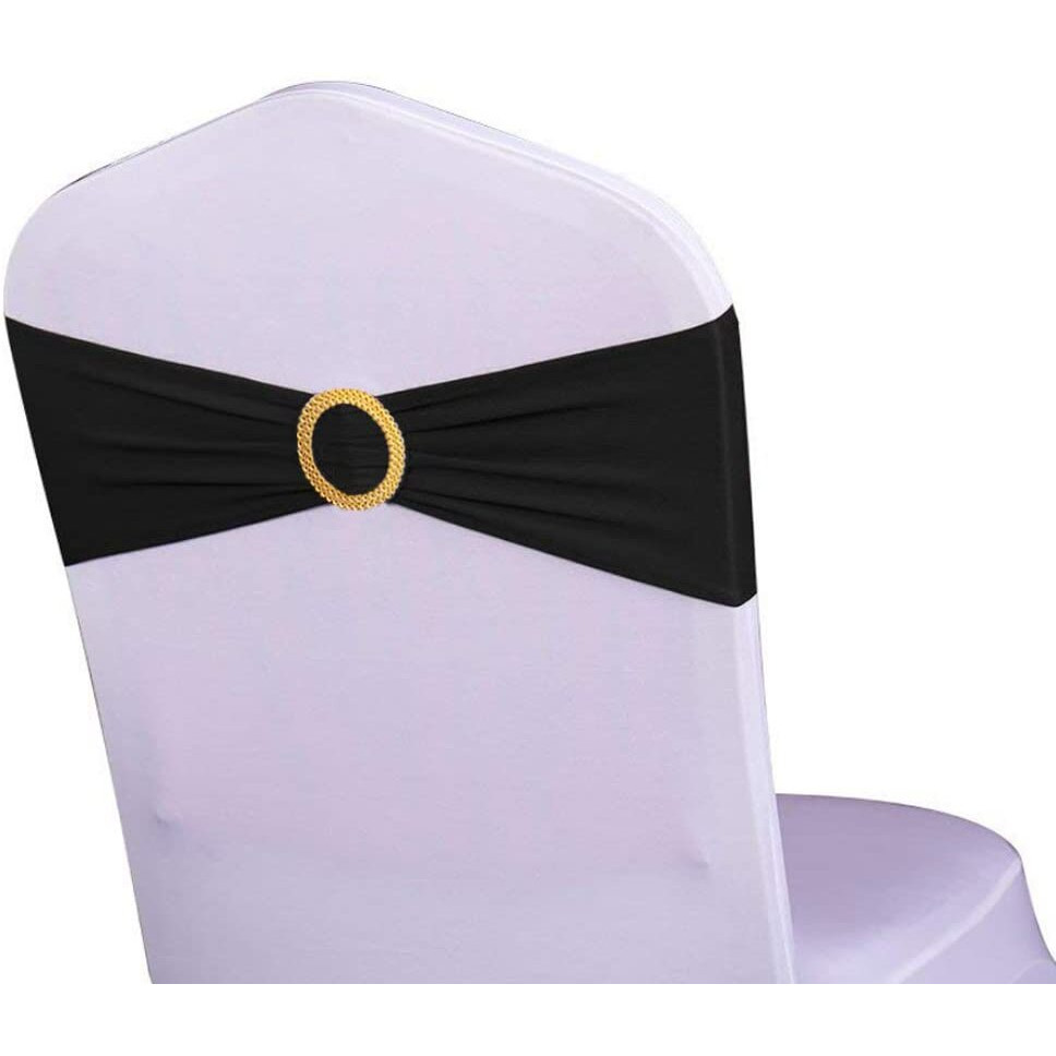 Wensinl Pack Of 50 Spandex Black Chair Sashes With Gold Buckles  Stretch Chair Sashes For Wedding Party Baby Shower Ceremony Event Decorations Chair Bands Bows (Black Sashes  Gold Buckles)