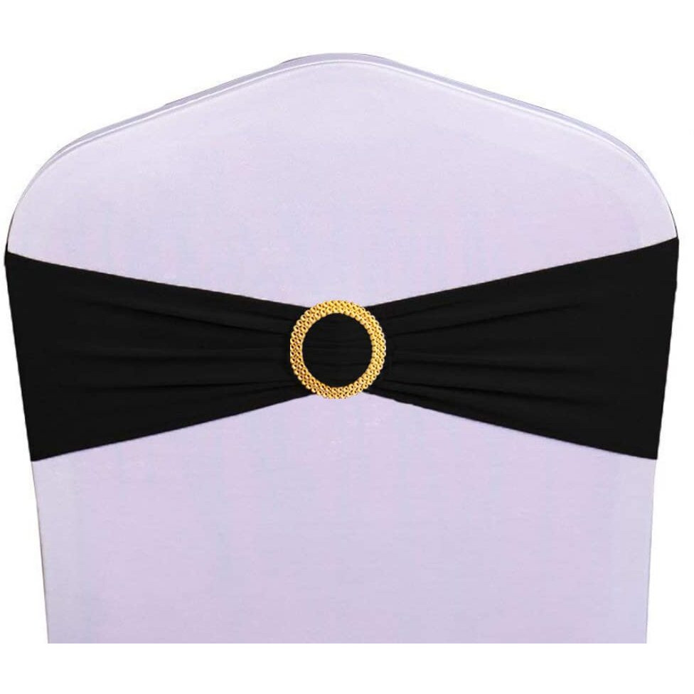 Wensinl Pack Of 50 Spandex Black Chair Sashes With Gold Buckles  Stretch Chair Sashes For Wedding Party Baby Shower Ceremony Event Decorations Chair Bands Bows (Black Sashes  Gold Buckles)
