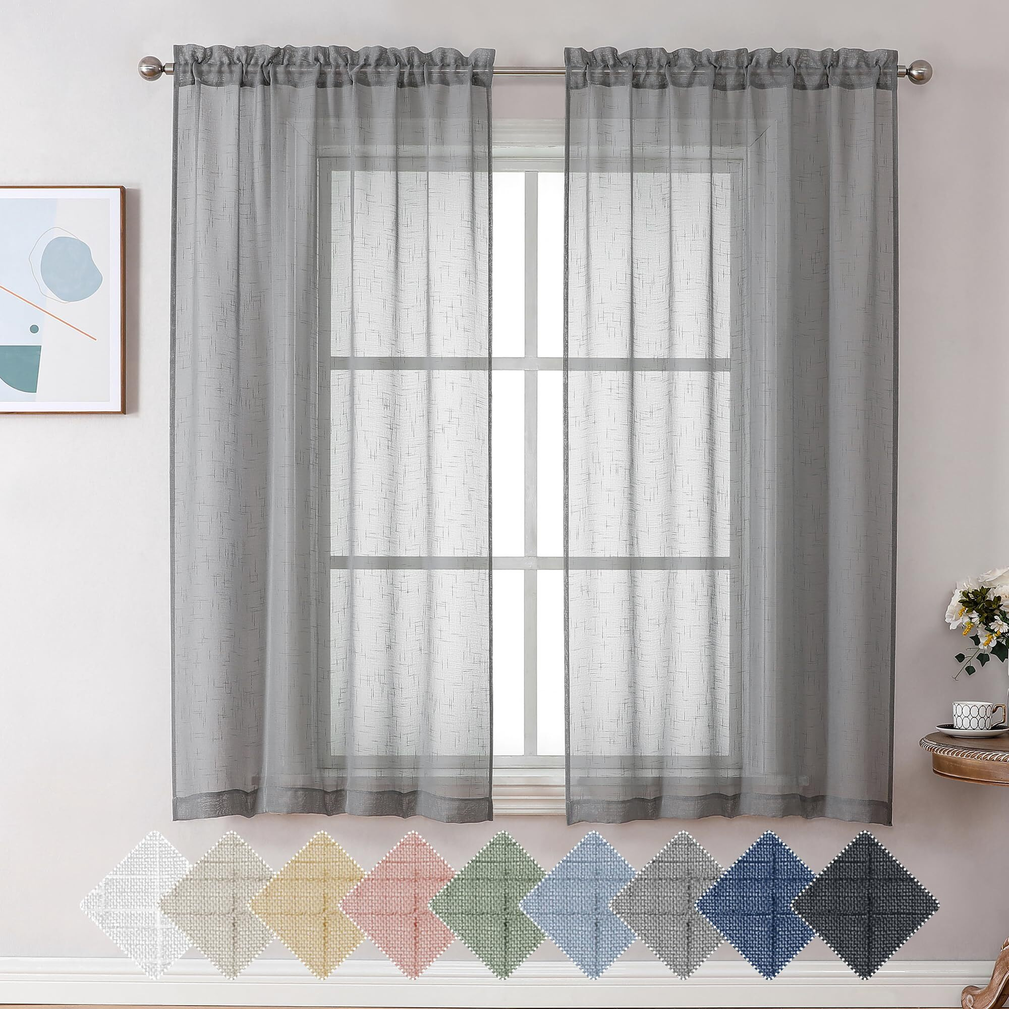 Aiyufeng Gray Sheer Curtains 54 Inch Length 2 Panel Set  Fresh Farmhouse 54 Inch Long Sheer Linen Look Airy & Lightweight Elegant Window Treatments For Bedroom/Living Room/Kitchen  30Wx54L Inch