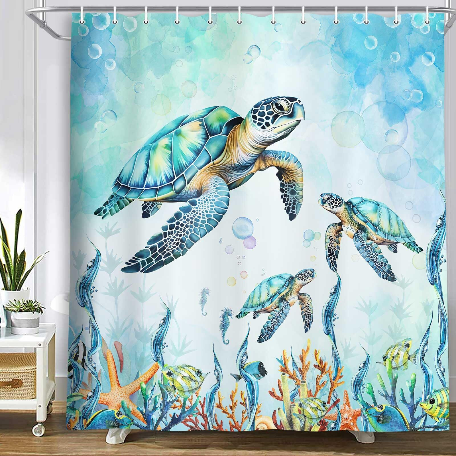 Merchr Sea Turtle Shower Curtain Coastal Beach Decoration Nautical Shower Curtains For Bathroom  Blue Ocean Teal Fabric Bath Curtains Set With 12 Hooks  71X71 Inches