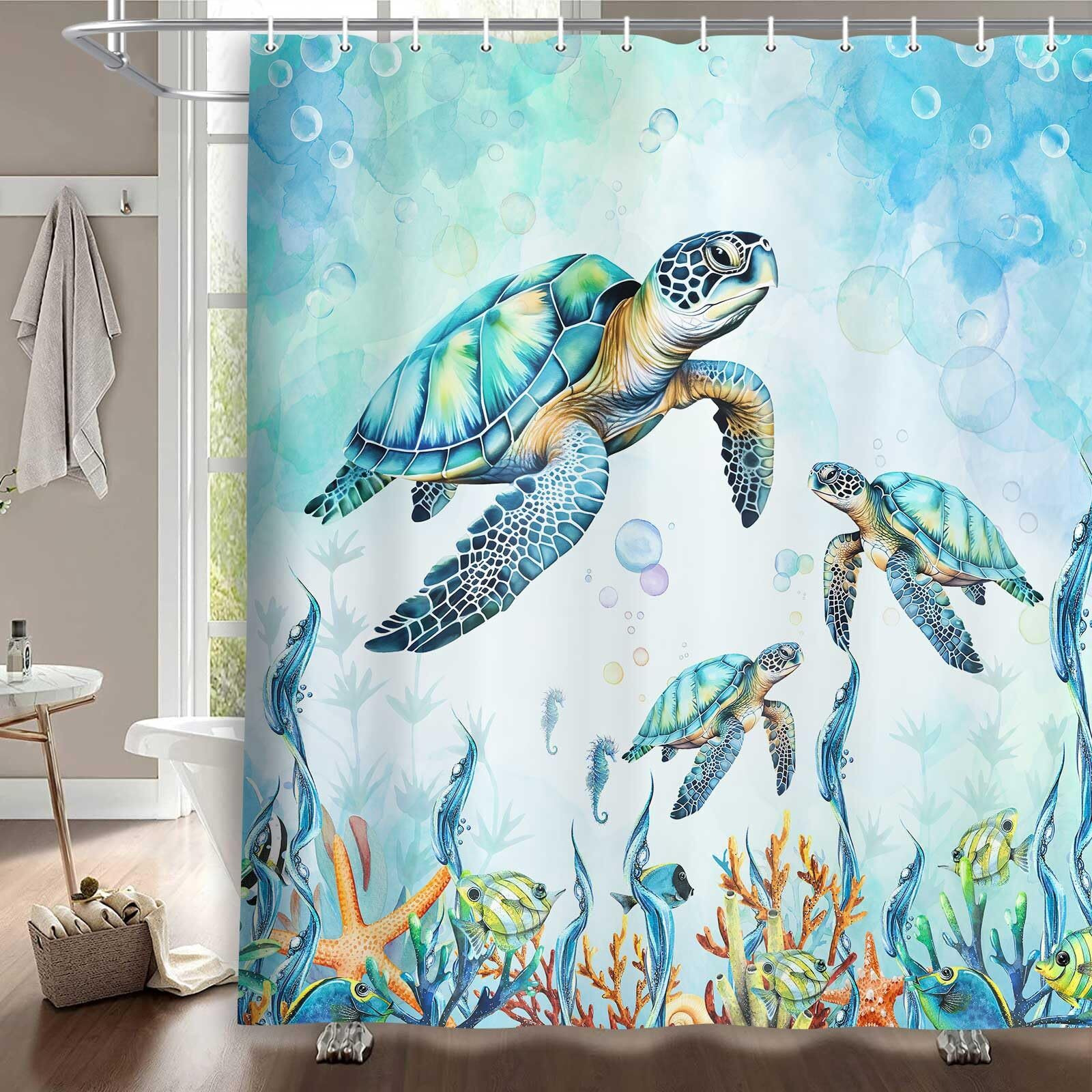 Merchr Sea Turtle Shower Curtain Coastal Beach Decoration Nautical Shower Curtains For Bathroom  Blue Ocean Teal Fabric Bath Curtains Set With 12 Hooks  71X71 Inches