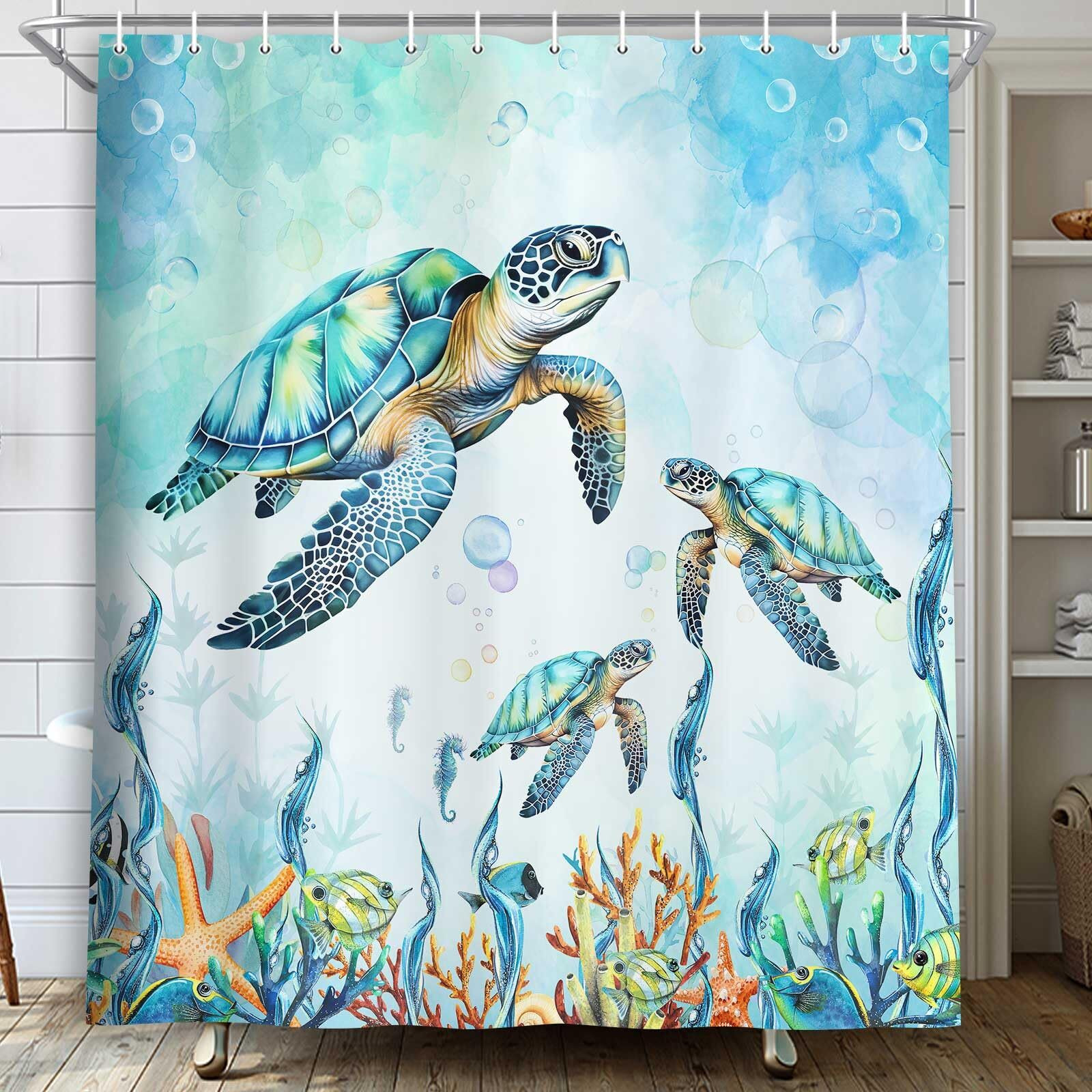 Merchr Sea Turtle Shower Curtain Coastal Beach Decoration Nautical Shower Curtains For Bathroom  Blue Ocean Teal Fabric Bath Curtains Set With 12 Hooks  71X71 Inches
