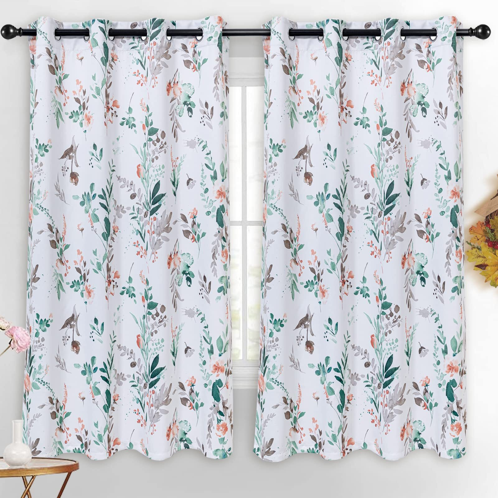Mysky Home Bedroom Curtains Room Darkening Fall Curtains 63 Inches Long Floral Drapes For Kitchen Dormer Window Thermal Insulated Panels Vintage Classical Floral Printing  2 Panels  Orange