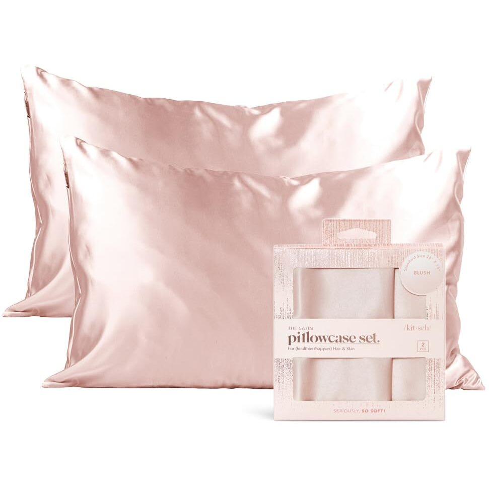 Kitsch Satin Pillowcase With Zipper For Hair And Skin Queen Size  Softer Than Silk Pillow Cases  2 Pack Cooling Pillow Covers  Machine Washable  Satin Pillow Cases Standard Size Set Of 2 19"&quotX26"" Blush