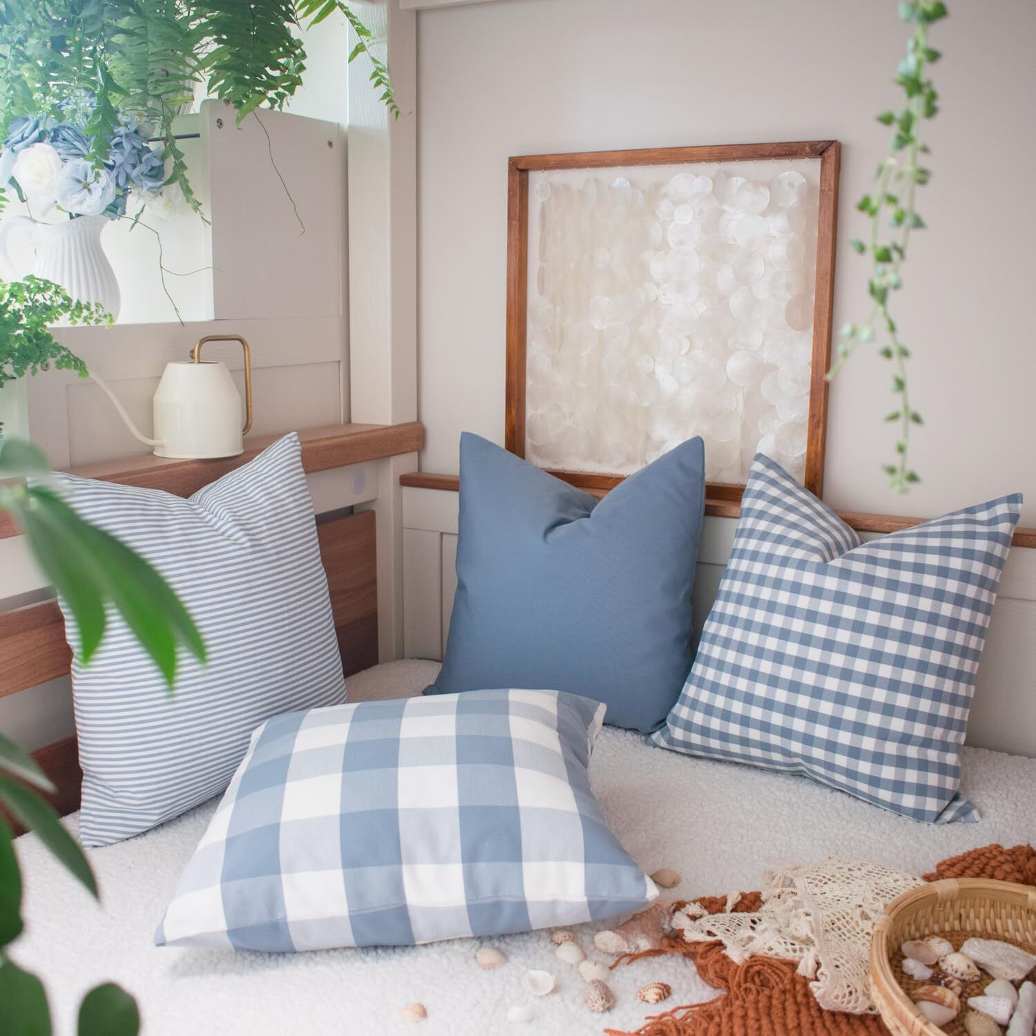 Hoplee Light Blue Pillow Cover Cushion Cover With Buffalo Plaid  Solid Light Blue  Striped And Gingham Plaid Design 22X22 Inches 4 Pack
