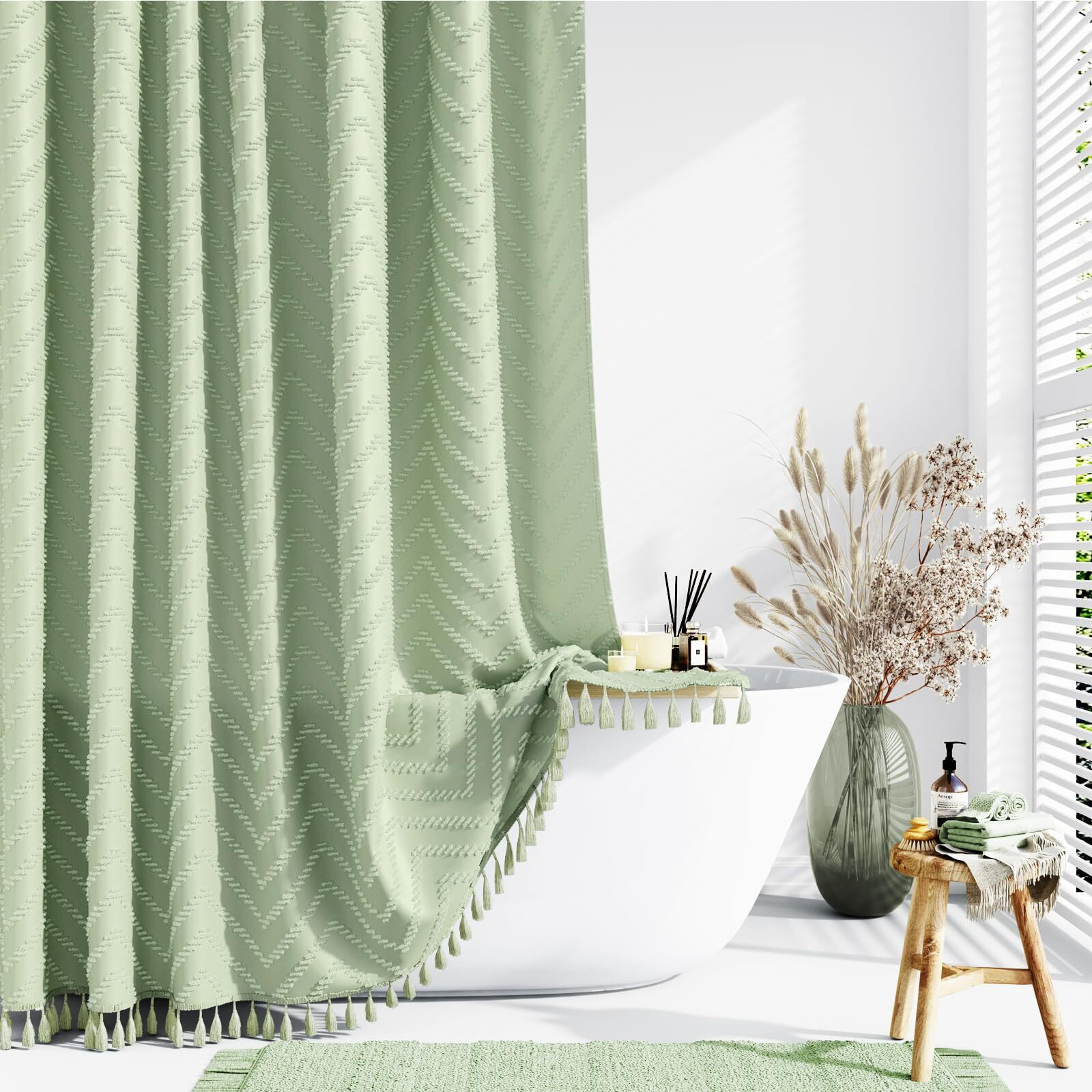 Dynamene Boho Farmhouse Shower Curtain  Sage Green Fabric Tufted Chevron Striped Textured Tassel Shower Curtains For Bathroom  Water Repellent  Minimalist Cloth Shower Curtain Set With Hook  72X72