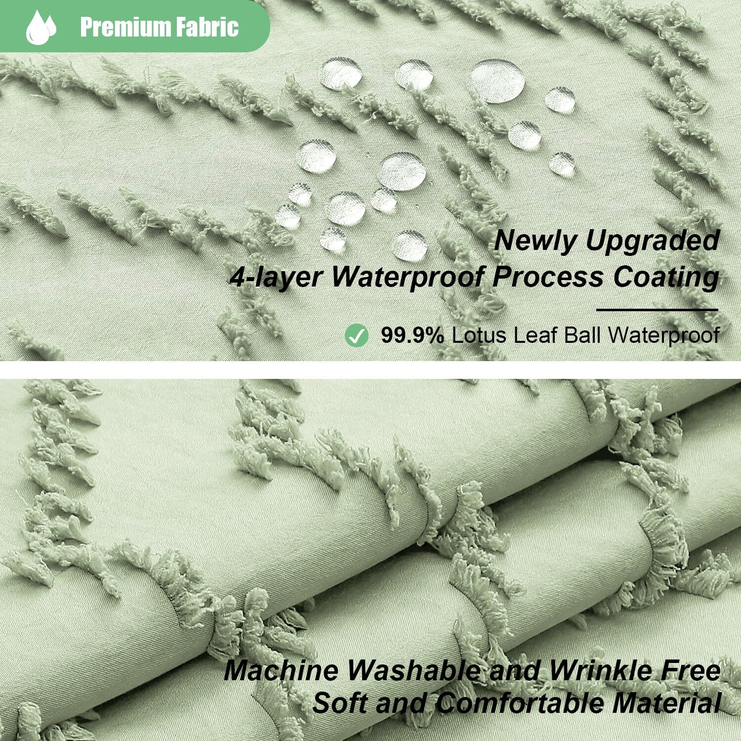 Dynamene Boho Farmhouse Shower Curtain  Sage Green Fabric Tufted Chevron Striped Textured Tassel Shower Curtains For Bathroom  Water Repellent  Minimalist Cloth Shower Curtain Set With Hook  72X72
