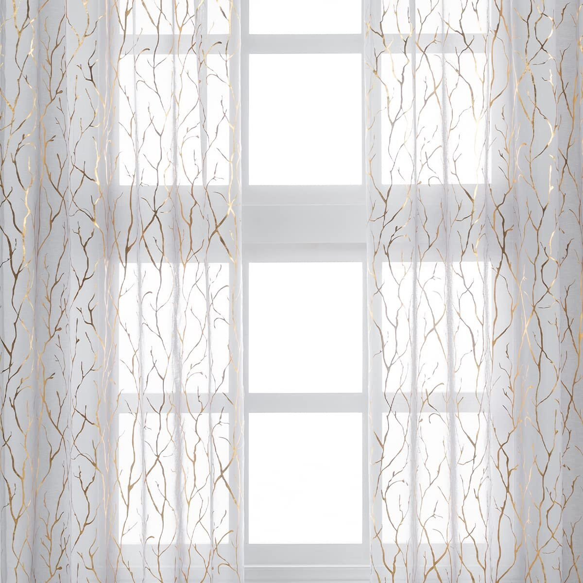 Kotile Branch Sheer Curtains For Living Room - Metallic Gold Foil Tree Branch Pattern Grey Sheer Curtains 95 Inch Long  Grommet Top Privacy Tree Window Curtains  52 X 95 Inch  2 Panels  Grey Gold
