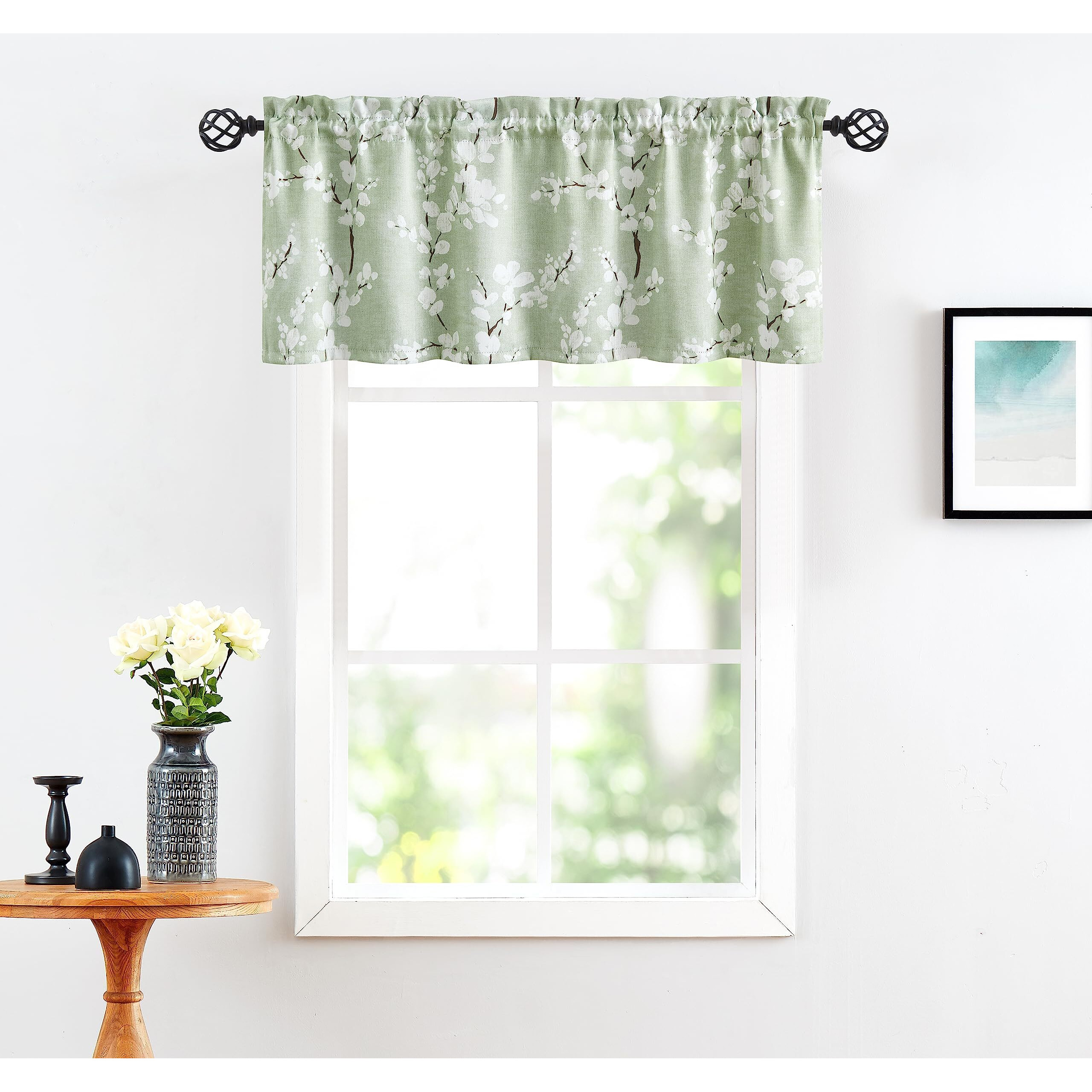 Fmfunctex Green Kitchen Valance Curtain For Windows Bathroom Living Room Bedroom  Blossom Blackout Window Valance Thermal Insulated Rod Pocket Valance Curtains  50"" W X 18"" L  Sage Green And White
