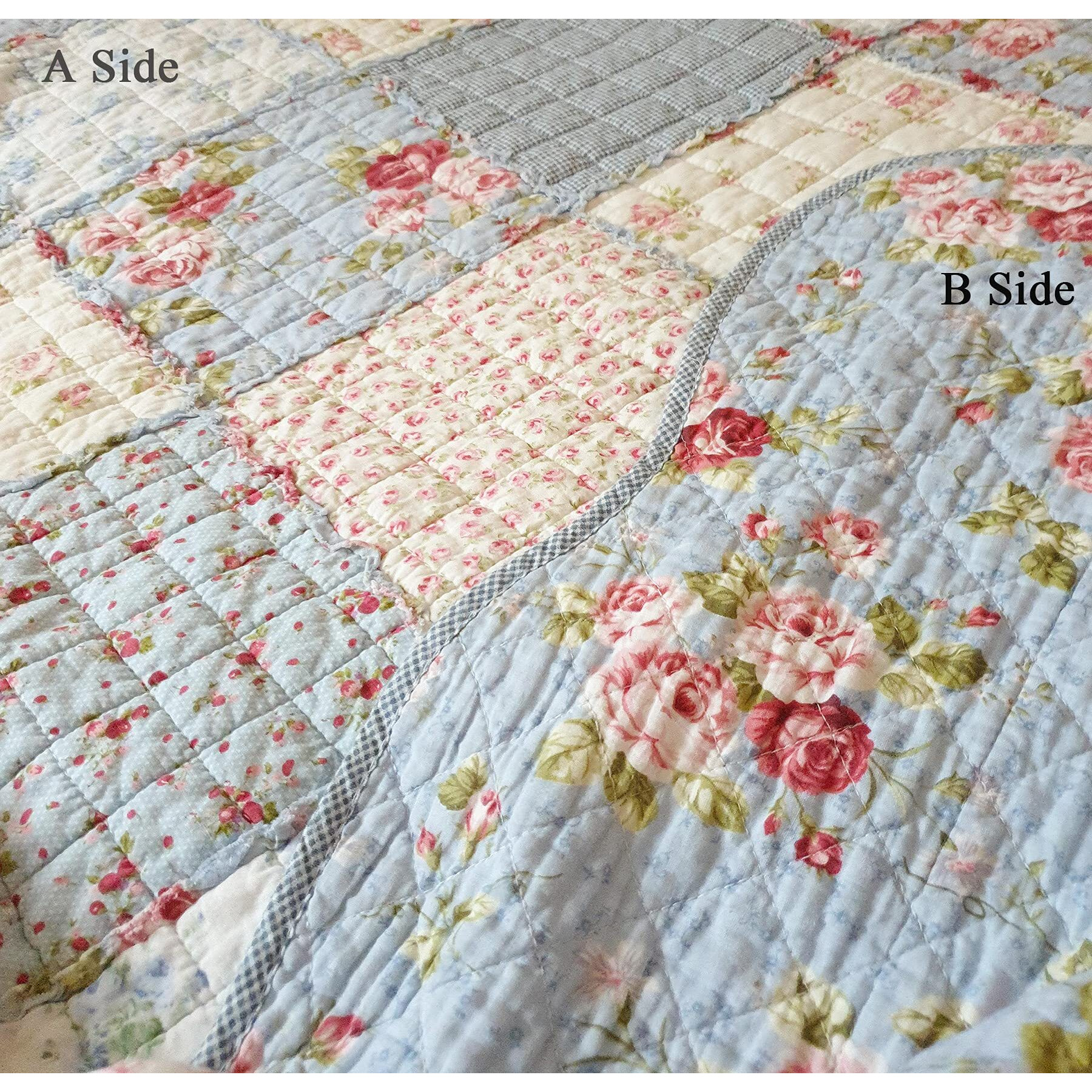 Cozyholy Original 100% Cotton Patchwork Quilt Full Queen Size Blue Floral Bedspread Coverlet Reversible Vintage Shabby Chic Quilted Throw Blanket Bed Quilt Cover For Couch Sofa