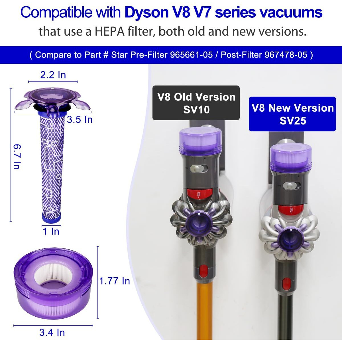 Lemige V7 V8 New Filter Replacement Kit For Dyson V7 V8 Slim Animal Absolute Motorhead Sv10 Sv11 Sv25 Sv37 Cordless Vacuums  2 Star Pre-Filters And 2 Hepa Post-Filters  Part No. 965661-05 & 967478-05
