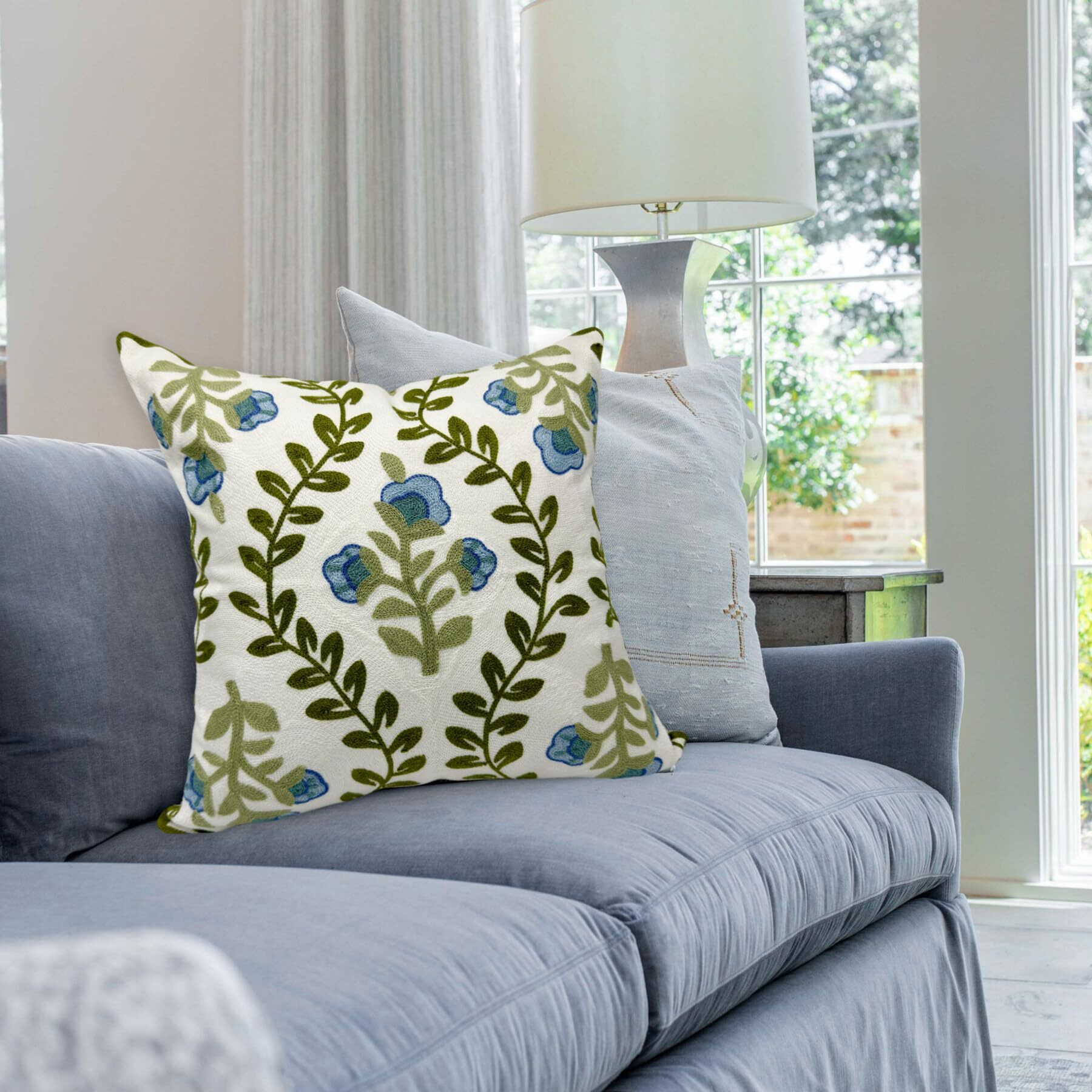 Alysheer Floral Embroidered Summer Decorative Throw Pillow Cover 18"&quotX 18""  Farmhouse Cottage Blue Flowers Green Leaves Knit Pattern Cotton Canvas Cushion Case For Sofa Couch Bed Living Room Decor