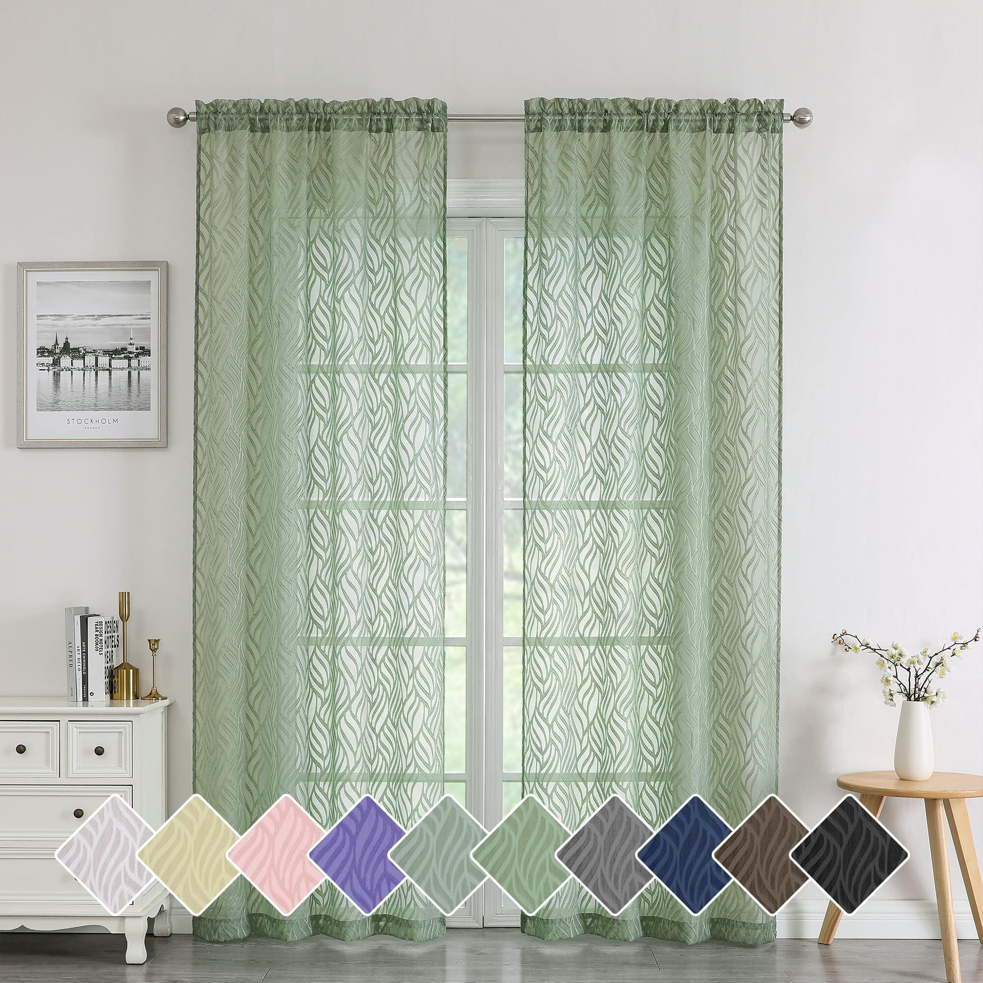 Chyhomenyc Marilyn Grass Green Sheer Curtains 84 Inch Length 2 Panels  Light Filtering 3D Leaf Clip Jacquard Textured Voile Sheer Curtain Drapes For Bedroom Living Room  38Wx84L Inches