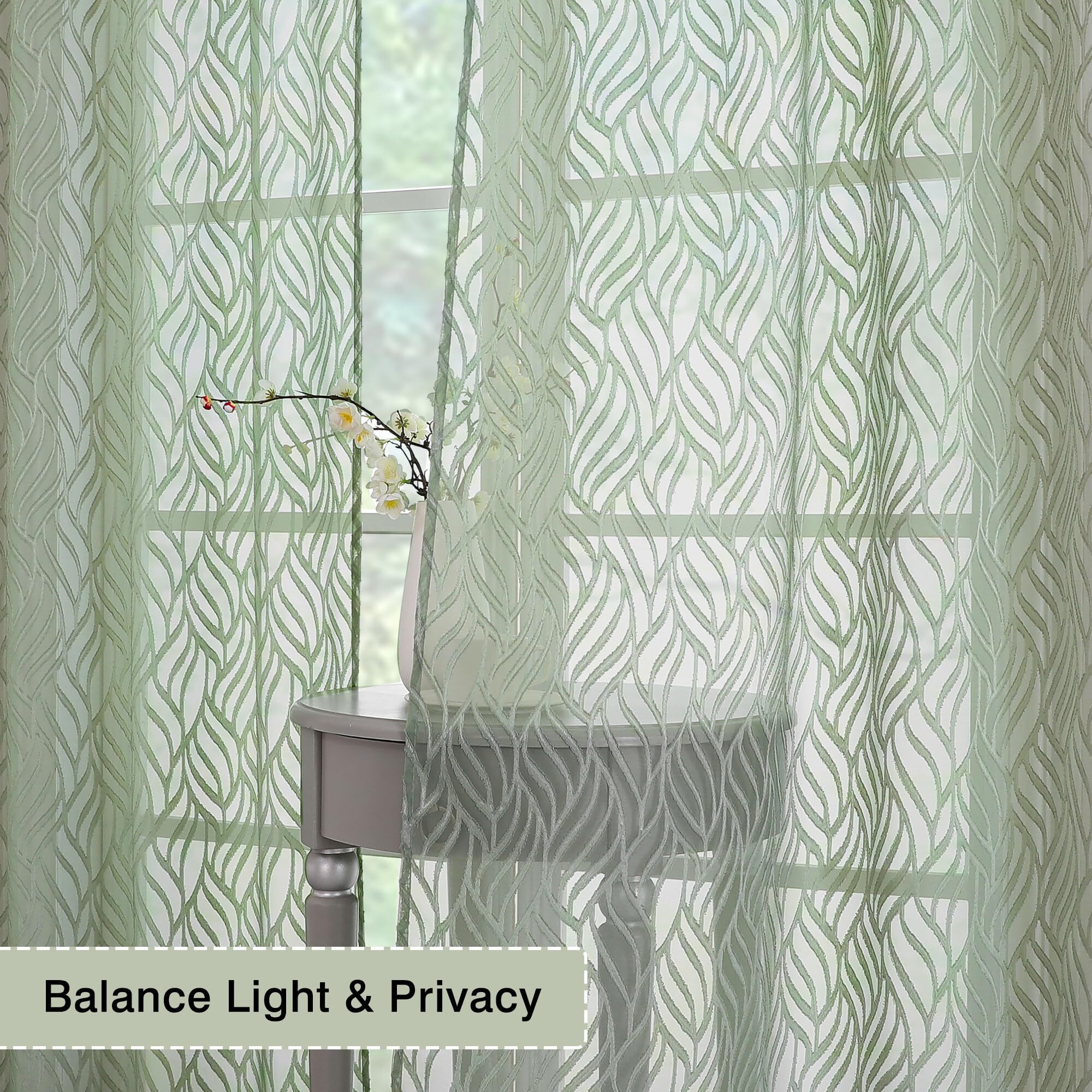 Chyhomenyc Marilyn Grass Green Sheer Curtains 84 Inch Length 2 Panels  Light Filtering 3D Leaf Clip Jacquard Textured Voile Sheer Curtain Drapes For Bedroom Living Room  38Wx84L Inches