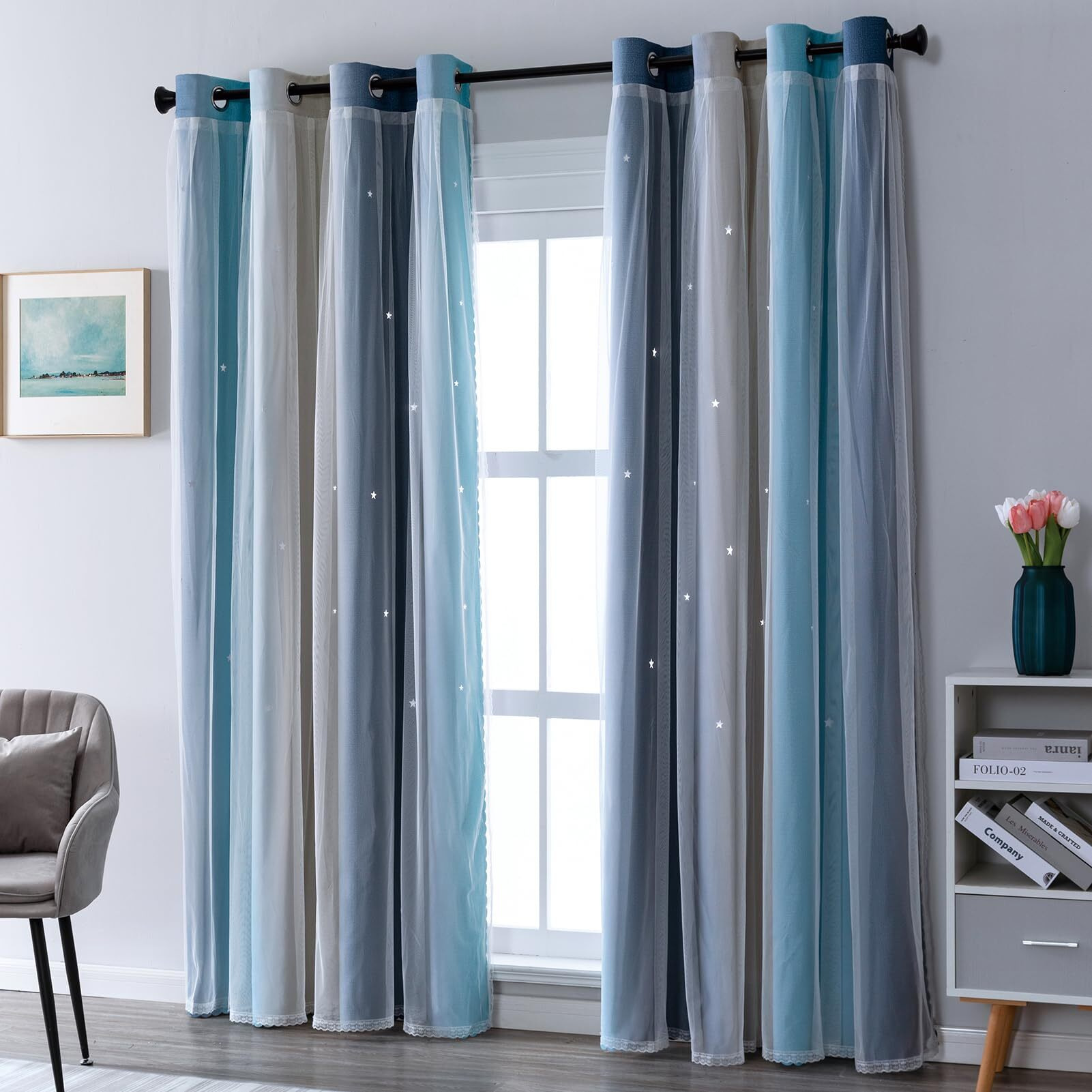 Indistar Star Blackout Curtains For Girls Kids Bedroom  Colourful Stripe Window Curtain Panels  2 Layer Lace Drapes  Room Darkening Curtain For Living Room Decor  1 Panel(Blue W52 X L72 Inch)