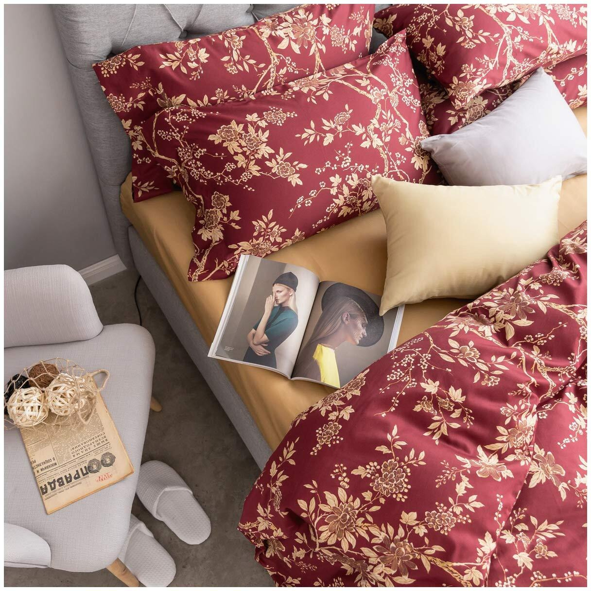 Eastern Floral Chinoiserie Blossom Print Duvet Quilt Cover Navy Blue Tan White Asian Style Botanical Tree Branches Ornamental Drawing 400Tc Egyptian Cotton 3Pc Bedding Set (Queen  Garnet)