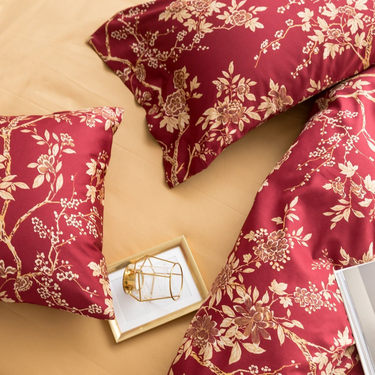 Eastern Floral Chinoiserie Blossom Print Duvet Quilt Cover Navy Blue Tan White Asian Style Botanical Tree Branches Ornamental Drawing 400Tc Egyptian Cotton 3Pc Bedding Set (Queen  Garnet)