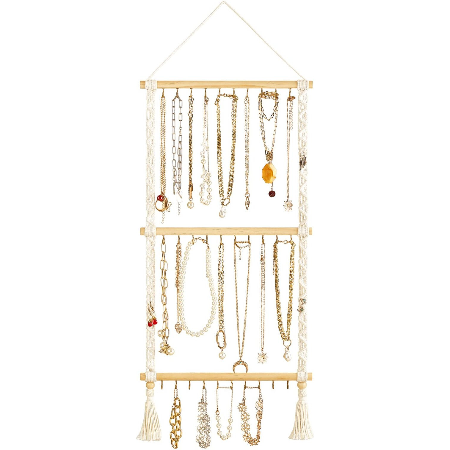 Dahey Hanging Jewelry Organizer Macrame Necklace Holder With 30 Hooks Wall Mounted Jewelry Hanger Over Door Necklace Rack With Tassel For Necklace Bracelet Earring Headband Bow Organizer