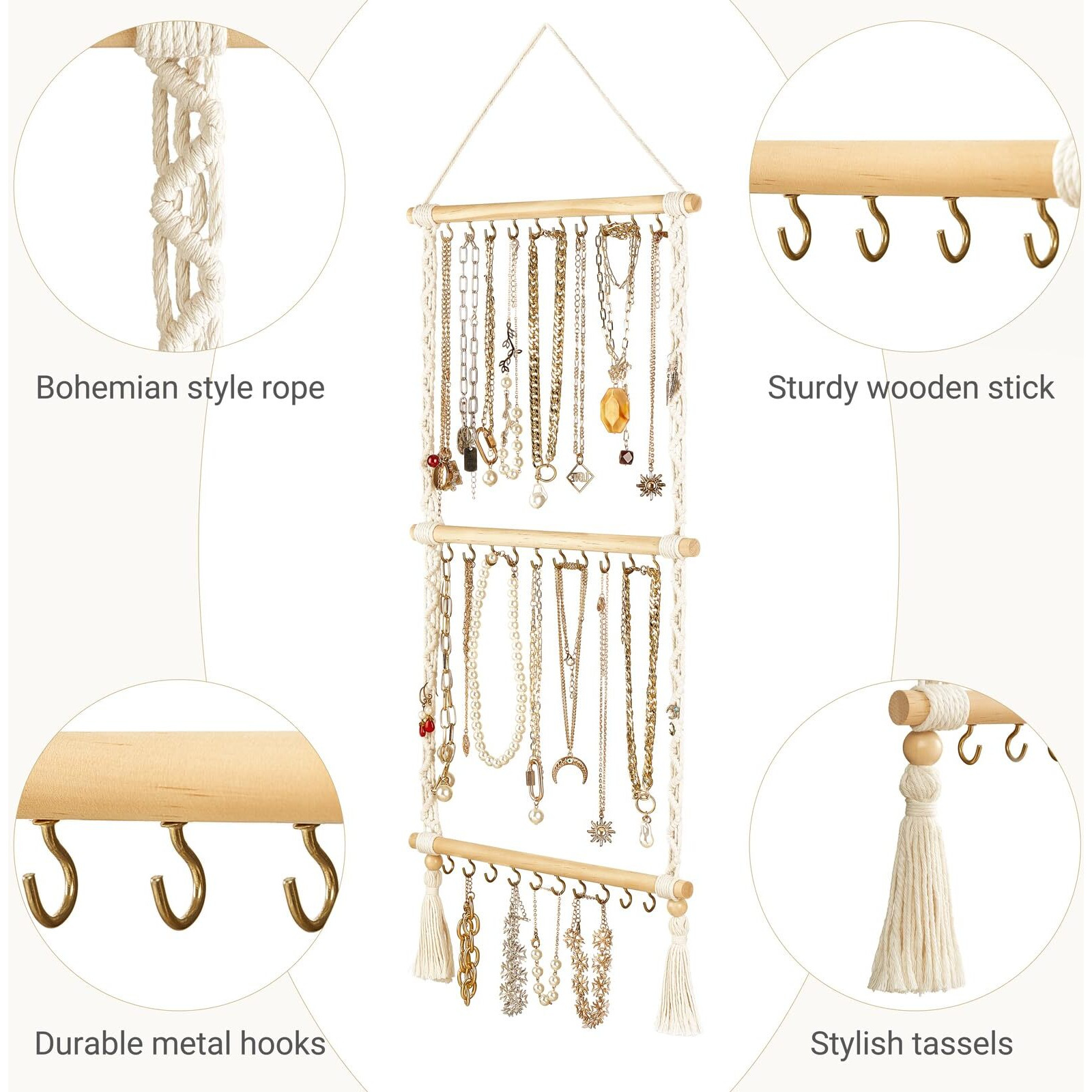 Dahey Hanging Jewelry Organizer Macrame Necklace Holder With 30 Hooks Wall Mounted Jewelry Hanger Over Door Necklace Rack With Tassel For Necklace Bracelet Earring Headband Bow Organizer