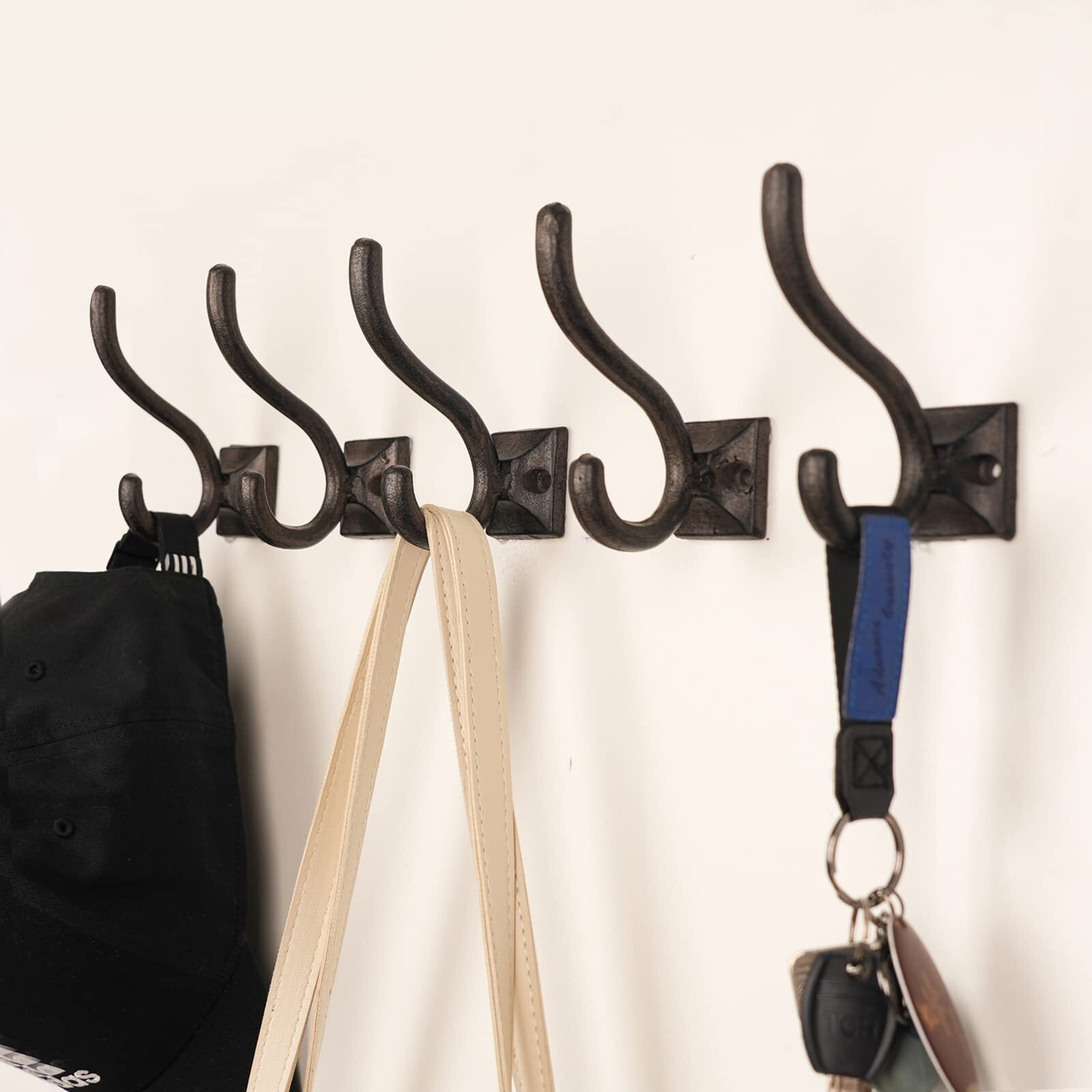 Ambipolar 5-Pack Antique Black Wall Hooks  Vintage Modern Farmhouse Style  Decorative Cast Iron Wall-Mounted Hooks  Heavy Duty Hooks For Mudroom  Bedroom  Hallway