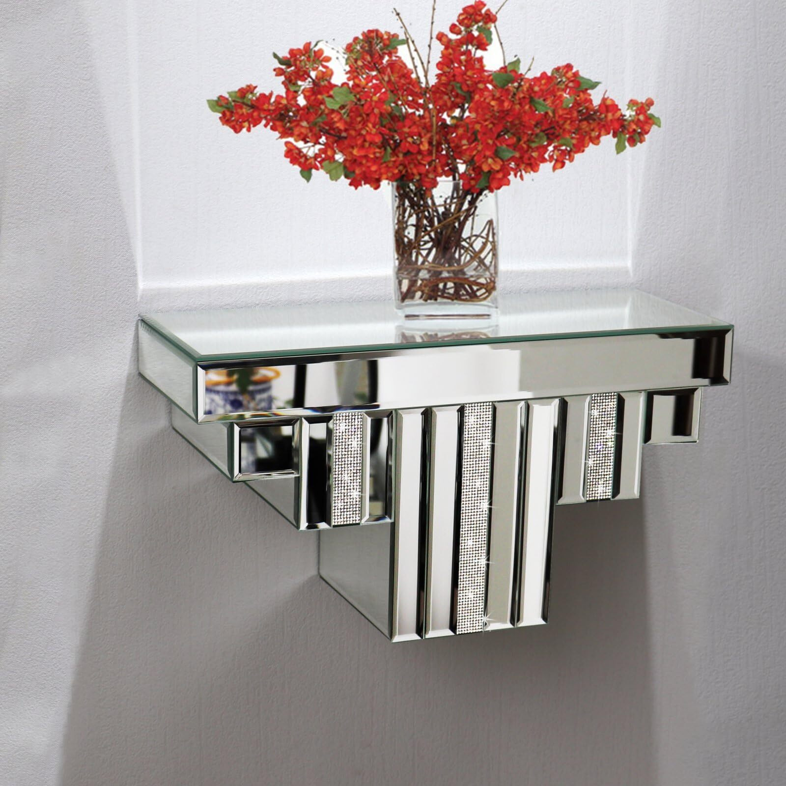 Mirrored Floating Wall Shelf  Silver Mirror Crushed Diamond Decorative Wall Shelf For Home Decoration Crystal Diamond Wall Art DCor Accent Piece Showcase  14.3"" L5.5"" W7.6"" H