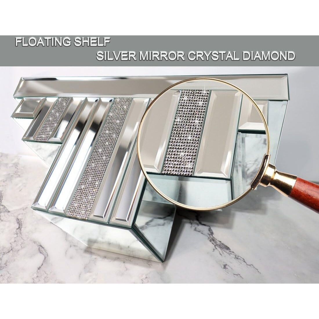 Mirrored Floating Wall Shelf  Silver Mirror Crushed Diamond Decorative Wall Shelf For Home Decoration Crystal Diamond Wall Art DCor Accent Piece Showcase  14.3"" L5.5"" W7.6"" H