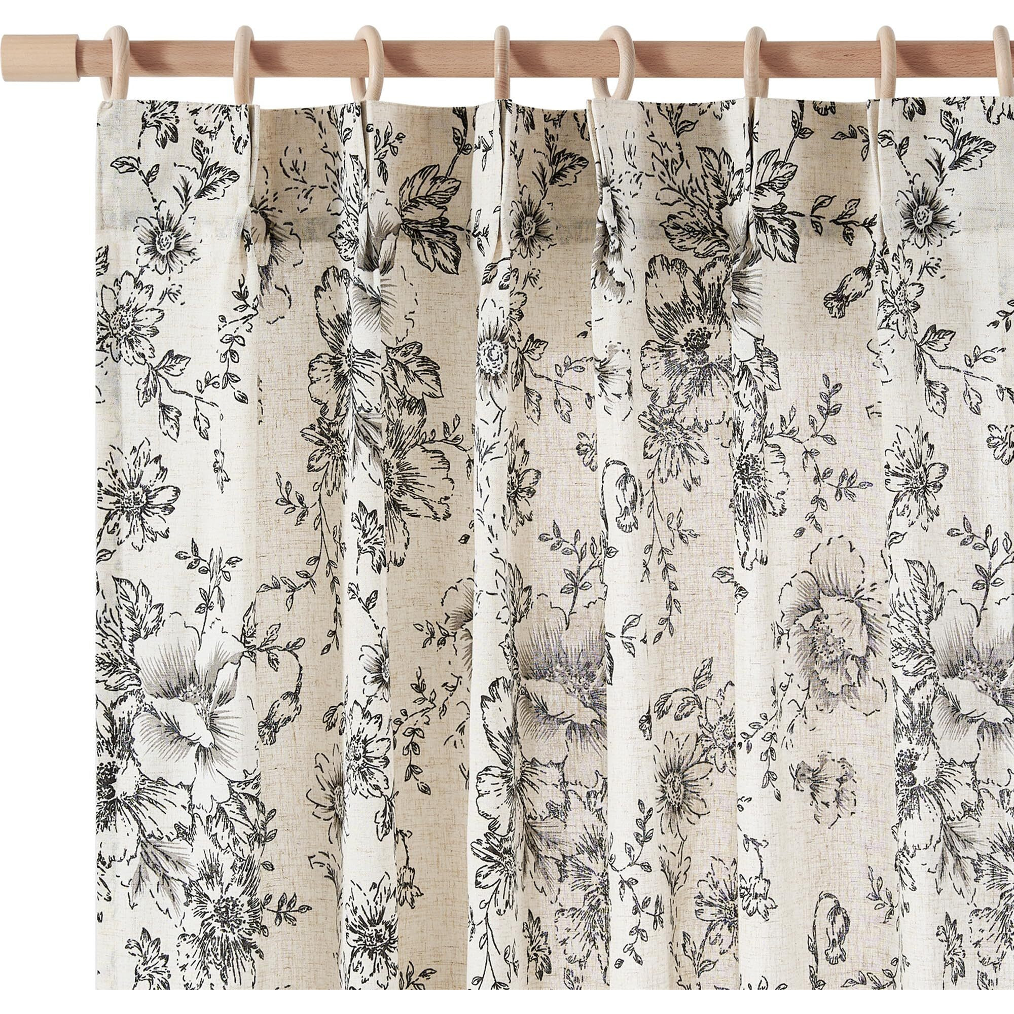 Jinchan Pinch Pleated Curtains Floral Linen Curtains For Living Room 108 Inches Long Black Peony Flower Printed Curtains Rod Pocket Back Tab Farmhouse Pinch Pleat Drapes With Hooks Set 2 Panels
