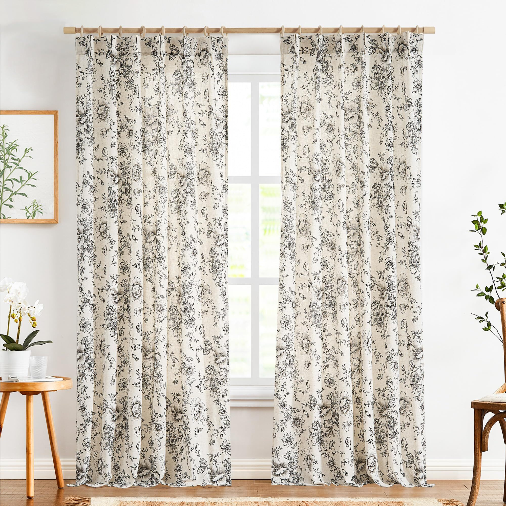 Jinchan Pinch Pleated Curtains Floral Linen Curtains For Living Room 108 Inches Long Black Peony Flower Printed Curtains Rod Pocket Back Tab Farmhouse Pinch Pleat Drapes With Hooks Set 2 Panels