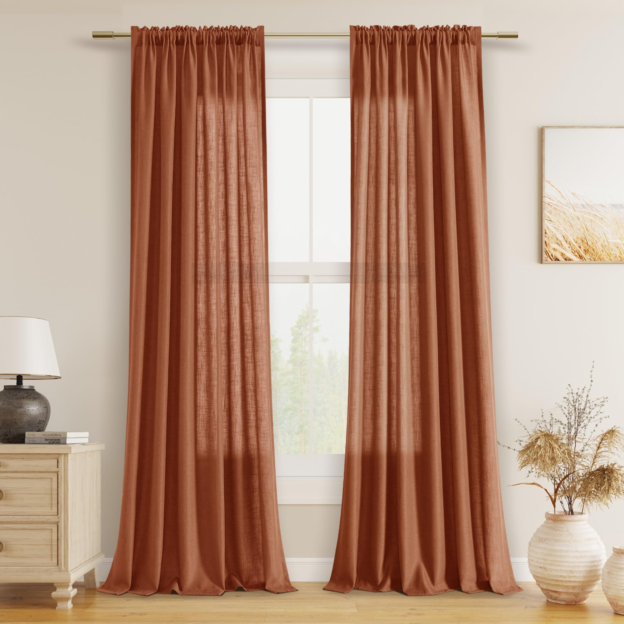 Guken Terracotta Linen Curtains 84 Inch Length For Living Room Bedroom 2 Panels Set Rod Pocket Light Filtering Semi Sheer Window Curtains 52 Inch Width Boho Farmhouse Linen Drapes  W52Xl84