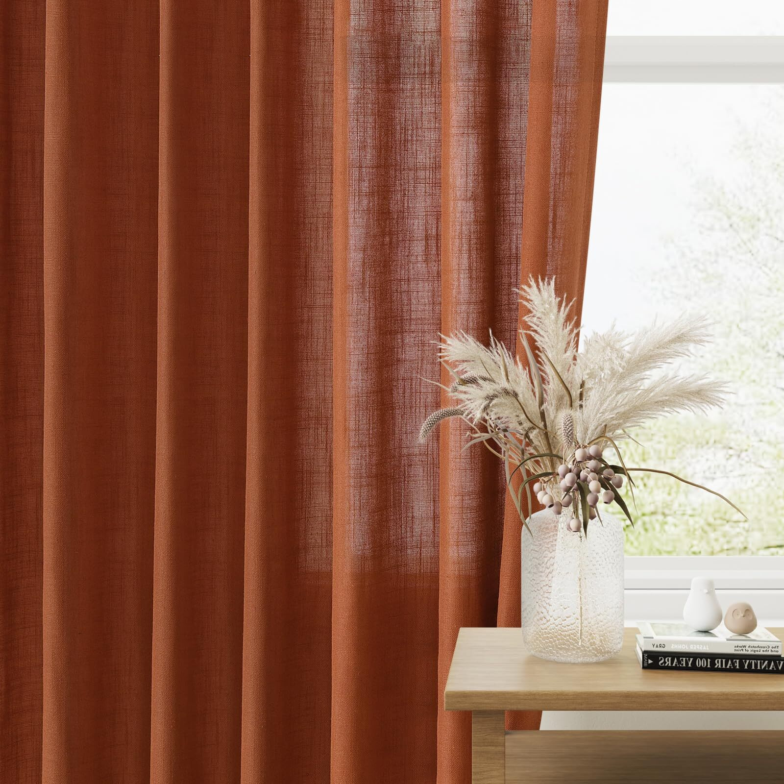 Guken Terracotta Linen Curtains 84 Inch Length For Living Room Bedroom 2 Panels Set Rod Pocket Light Filtering Semi Sheer Window Curtains 52 Inch Width Boho Farmhouse Linen Drapes  W52Xl84