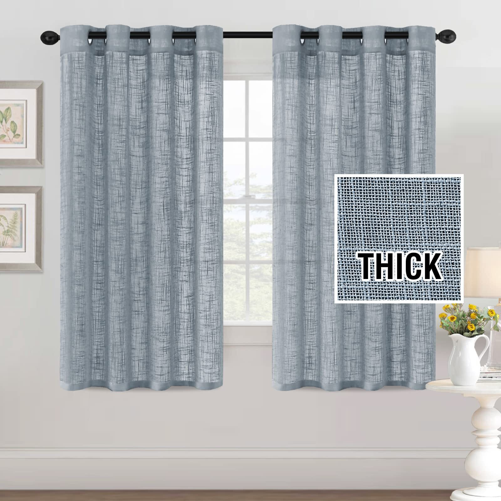 H.Versailtex Linen Curtains Natural Linen Blended For Living Room Burlap Linen Textured Light Filtering Nickel Grommet Curtains Bedroom Curtains 2 Panel Sets Privacy Added  52Inx63In  Stone Blue