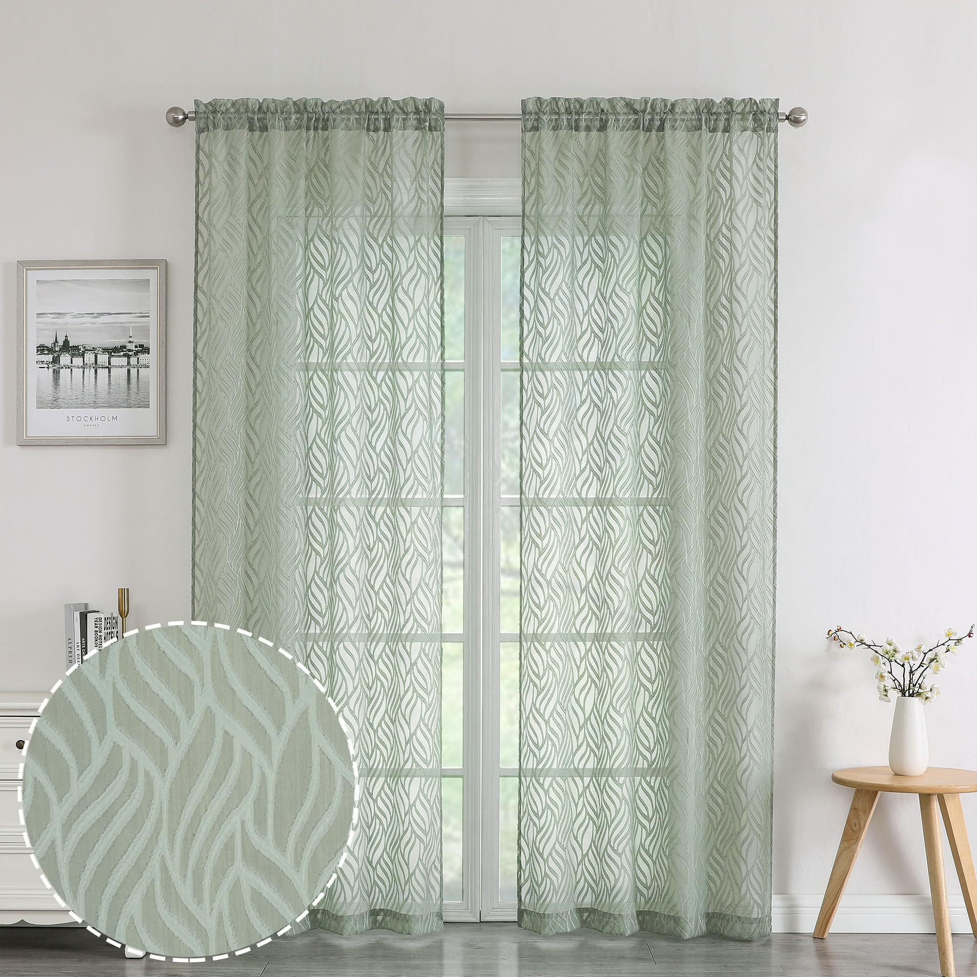 Chyhomenyc Marilyn Sage Green Sheer Curtains 96 Inch Length 2 Panels  Light Filtering Soft 3D Leaf Clip Jacquard Textured Sheer Curtain Drapes For Bedroom Living Room Window  38Wx96L Inches