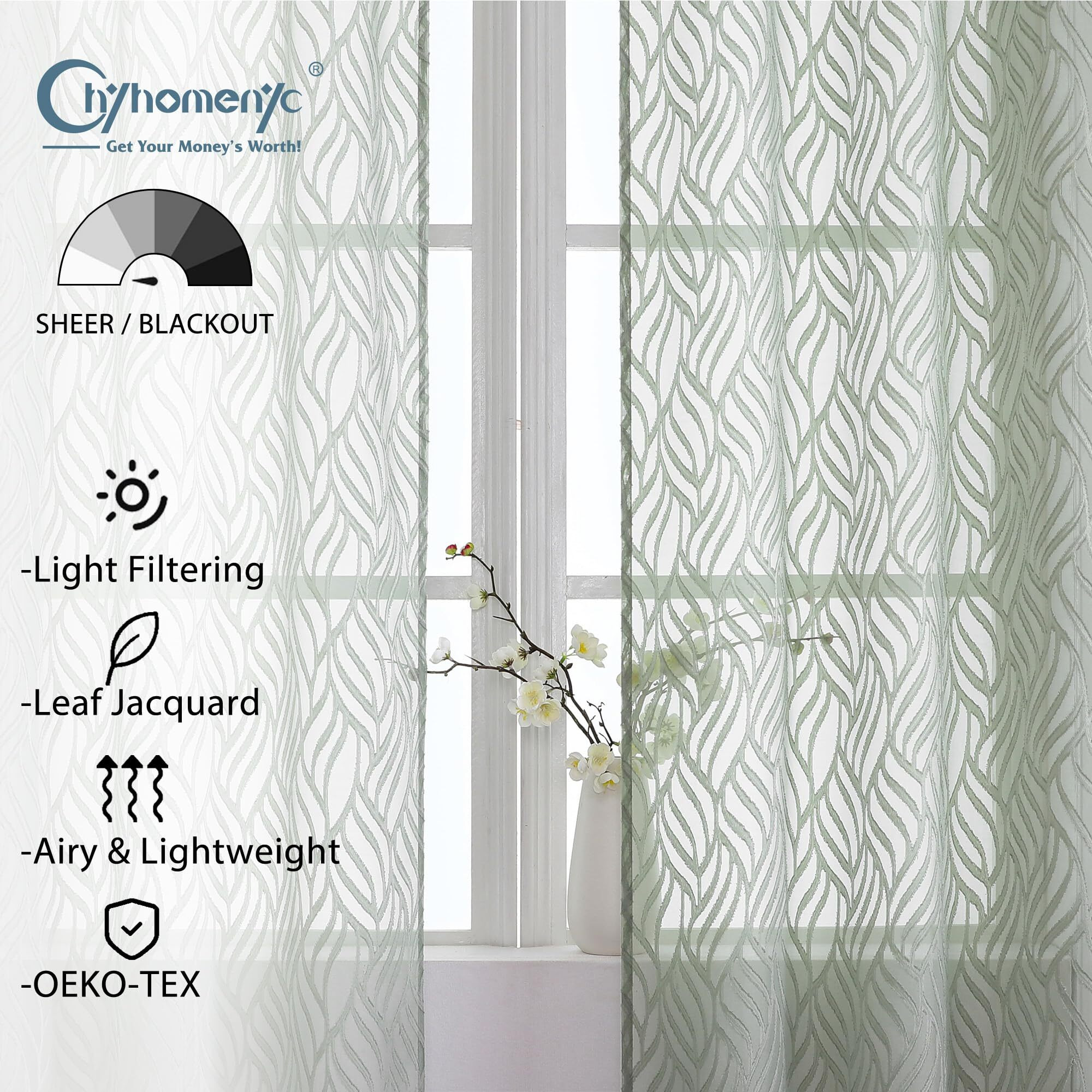 Chyhomenyc Marilyn Sage Green Sheer Curtains 96 Inch Length 2 Panels  Light Filtering Soft 3D Leaf Clip Jacquard Textured Sheer Curtain Drapes For Bedroom Living Room Window  38Wx96L Inches