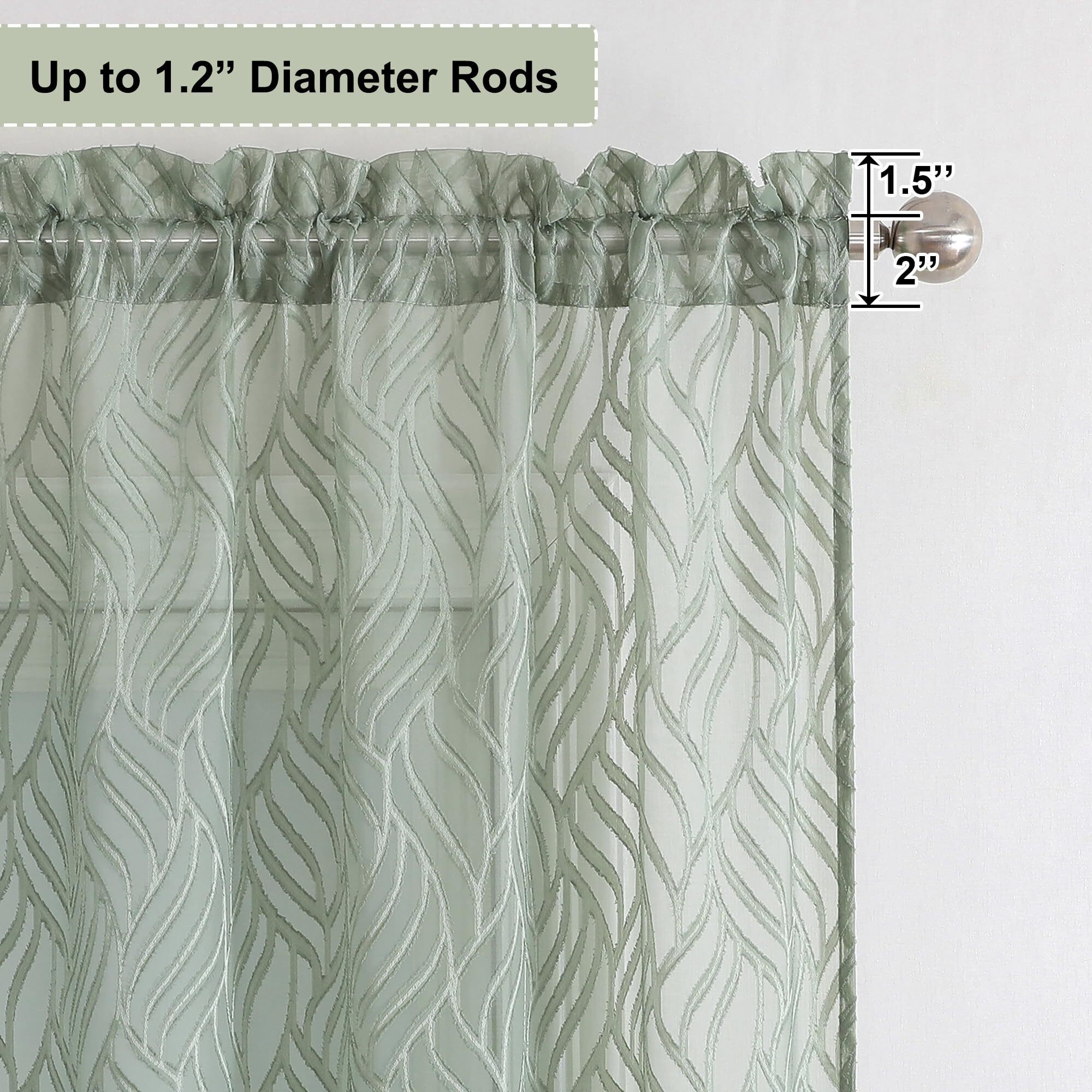 Chyhomenyc Marilyn Sage Green Sheer Curtains 96 Inch Length 2 Panels  Light Filtering Soft 3D Leaf Clip Jacquard Textured Sheer Curtain Drapes For Bedroom Living Room Window  38Wx96L Inches
