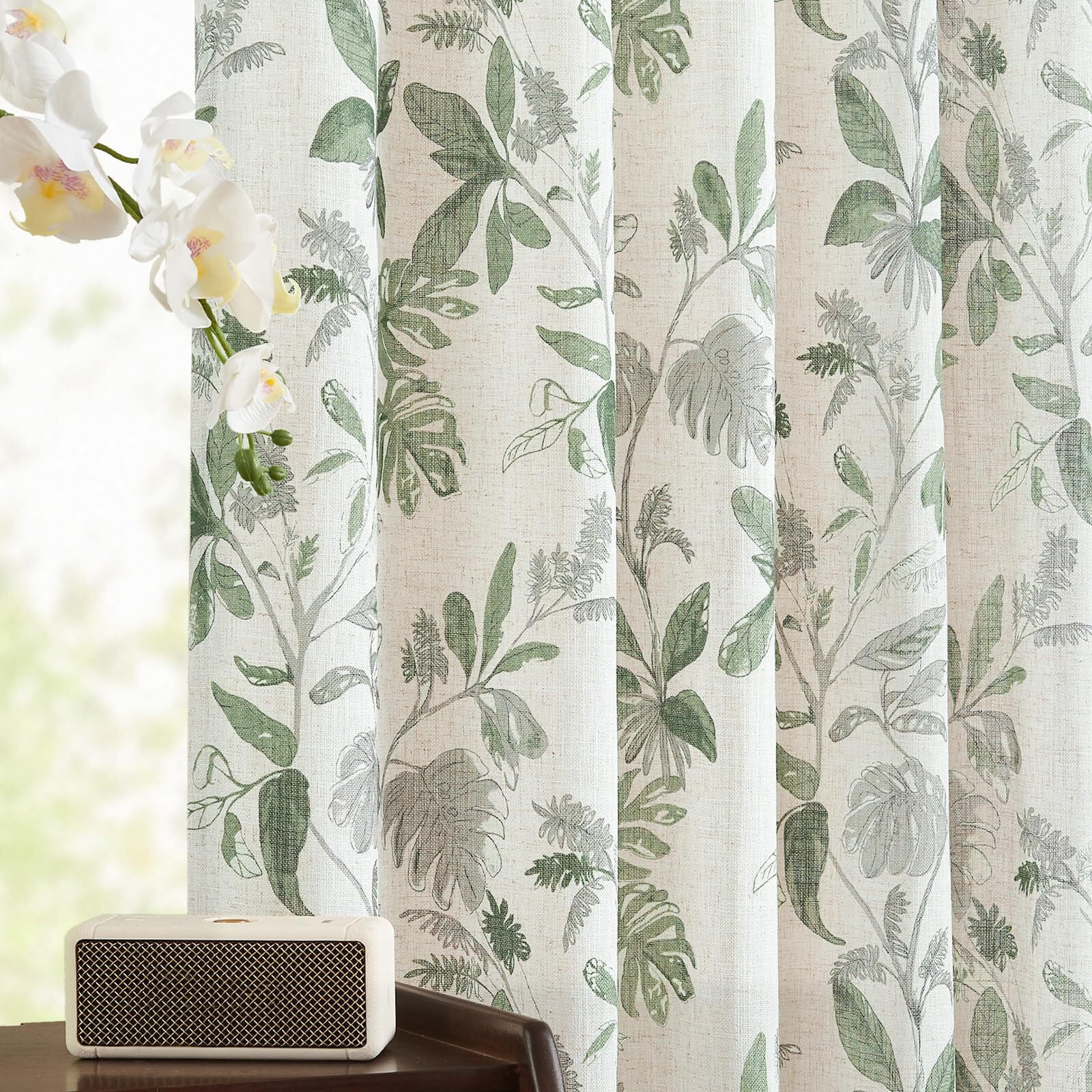 Jinchan Linen Curtains For Living Room 63 Inches Length Tropical Leaf Print Botanical Curtains Flax Farmhouse Country Curtains Rod Pocket Light Filtering Window Drapes Set 2 Panels Green