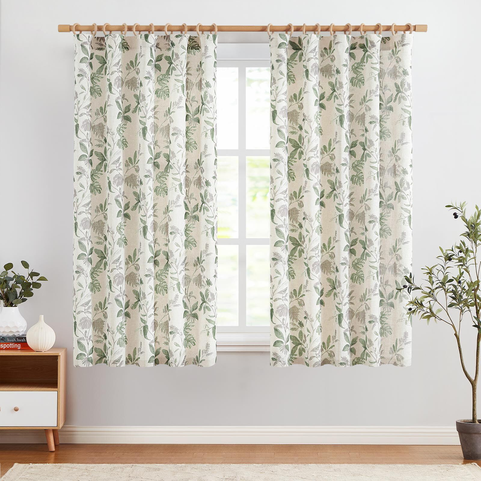 Jinchan Linen Curtains For Living Room 63 Inches Length Tropical Leaf Print Botanical Curtains Flax Farmhouse Country Curtains Rod Pocket Light Filtering Window Drapes Set 2 Panels Green