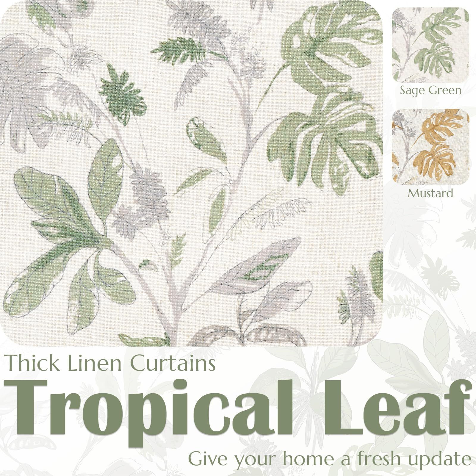 Jinchan Linen Curtains For Living Room 63 Inches Length Tropical Leaf Print Botanical Curtains Flax Farmhouse Country Curtains Rod Pocket Light Filtering Window Drapes Set 2 Panels Green