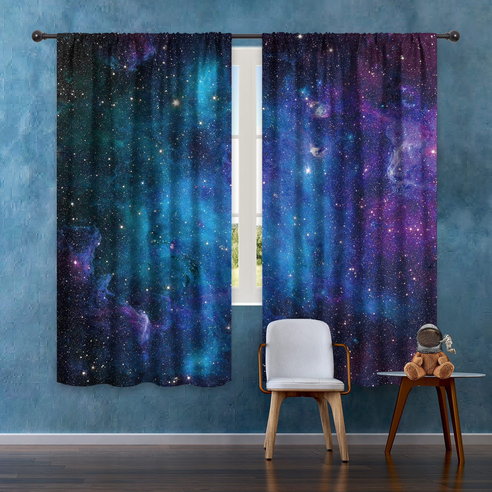 Riyidecor Kids Boys Galaxy Celestial Curtains Outer Space Rod Pocket (2 Panels 52 X 63 Inch) Blue Planet Nebula Universe Black Starry Sky Living Room Bedroom Window Drape Treatment Fabric Ww-Clle