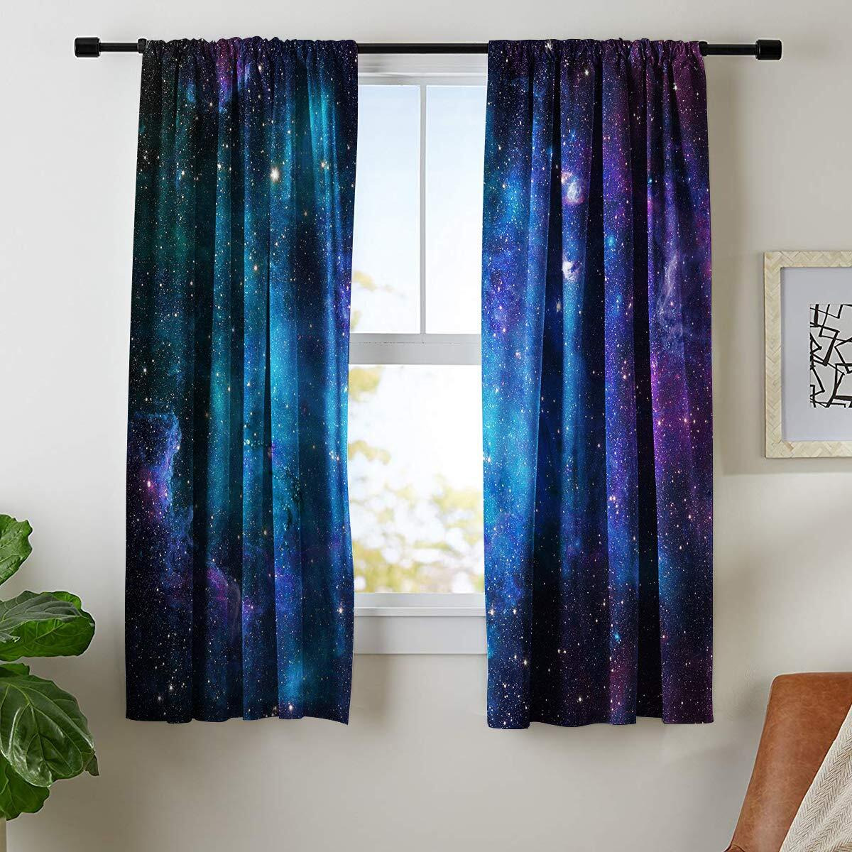 Riyidecor Kids Boys Galaxy Celestial Curtains Outer Space Rod Pocket (2 Panels 52 X 63 Inch) Blue Planet Nebula Universe Black Starry Sky Living Room Bedroom Window Drape Treatment Fabric Ww-Clle